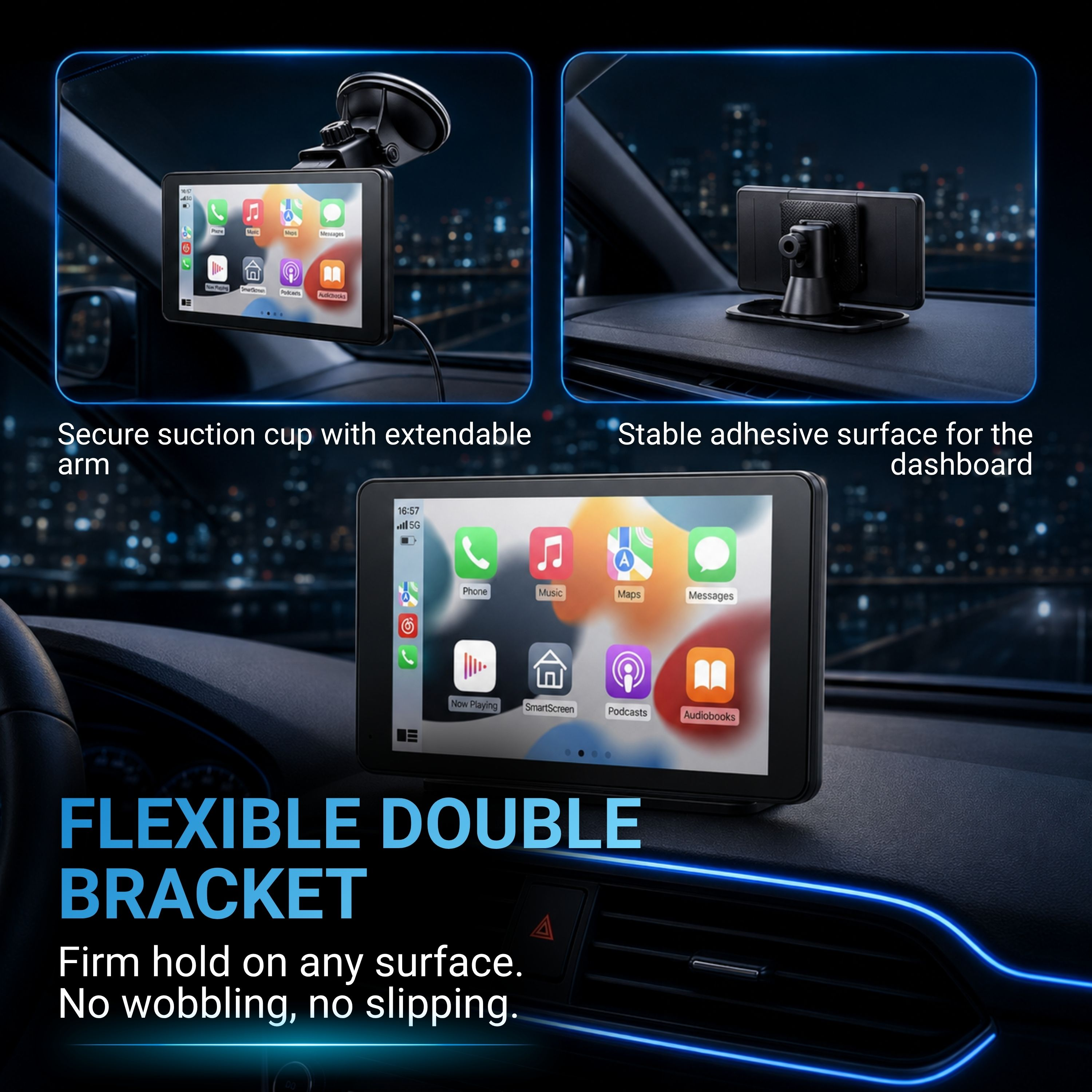 Schermo di infotainment per auto con icone di app, montato su un braccio flessibile.