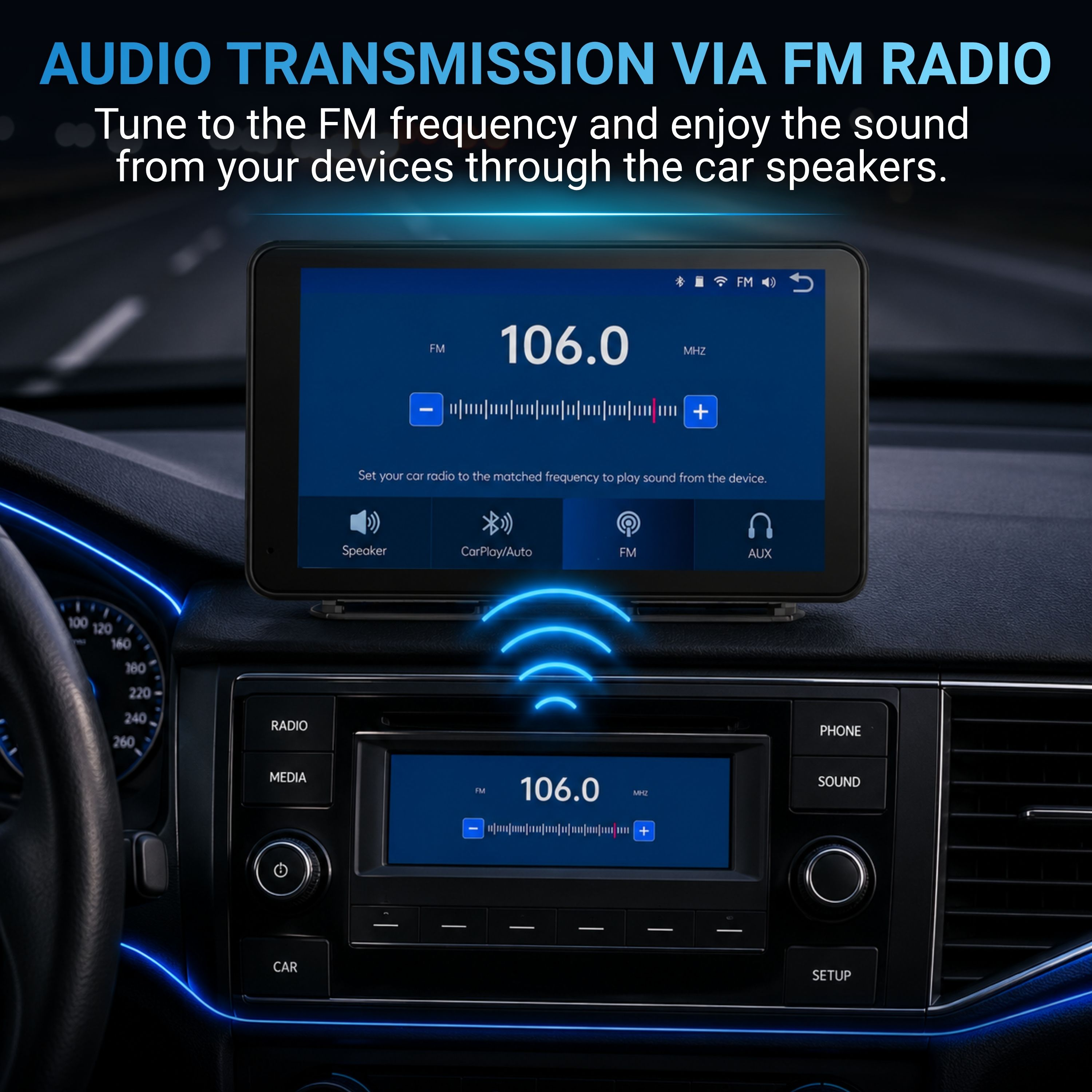 Cruscotto auto con due radio FM. Una mostra 106.0 MHz.