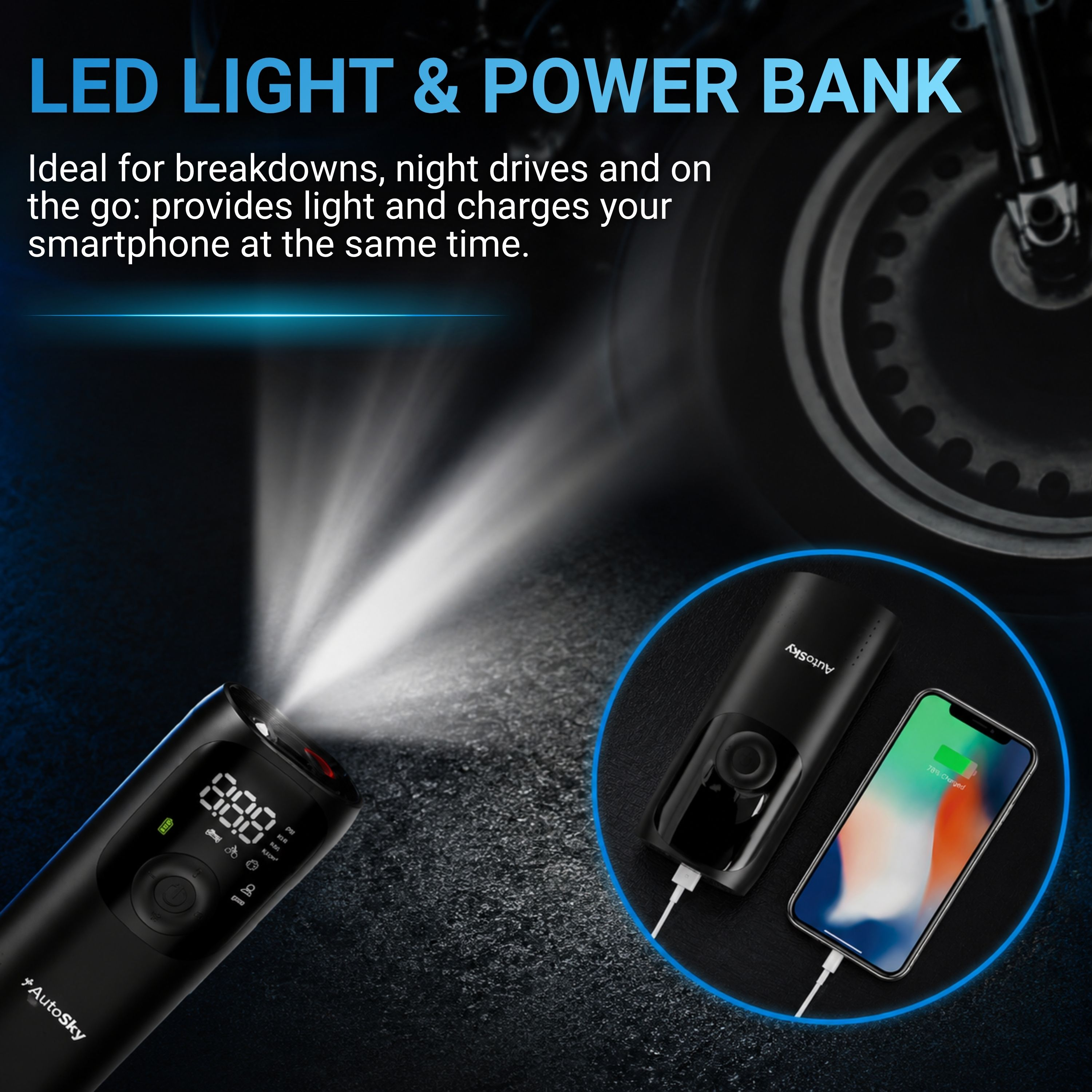 Schwarzer Akku mit LED-Licht und Ladeanzeige lädt ein Smartphone.
