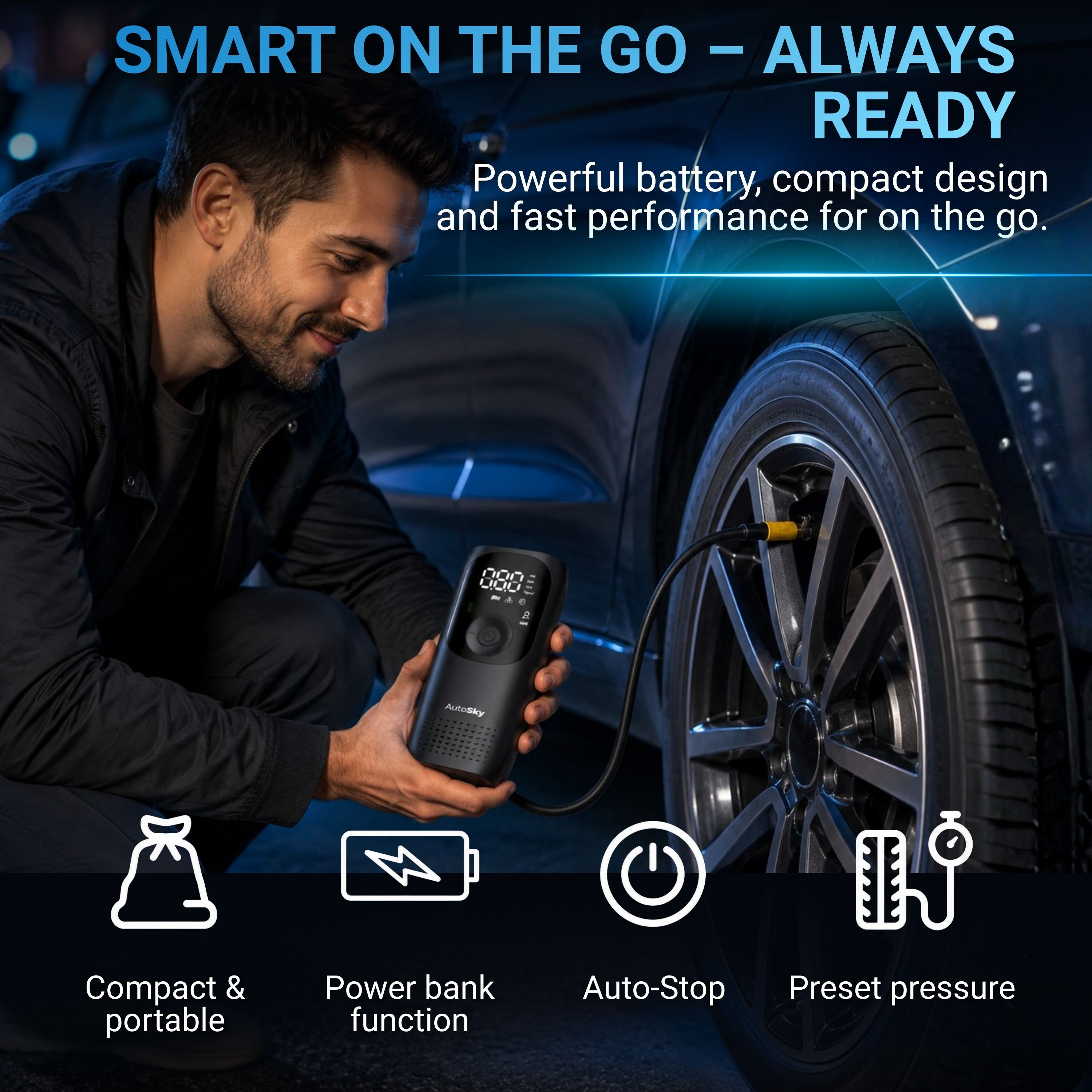 Mann pumpt Reifen mit AutoSky-Gerät. Kompakt, mobil, mit Powerbank-Funktion.