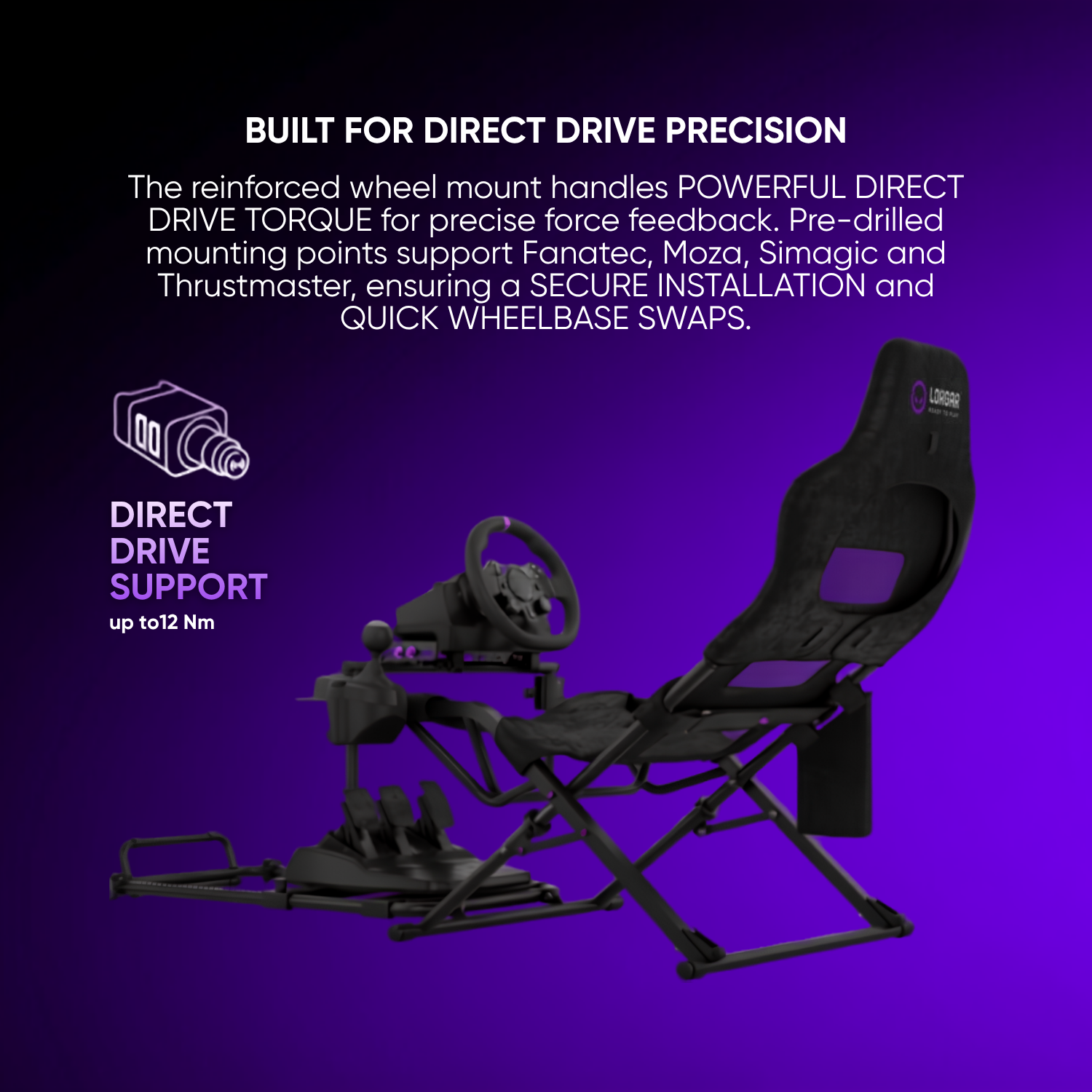 Un cockpit simulatore di corse con volante, pedali e sedile, costruito per la precisione del direct drive.