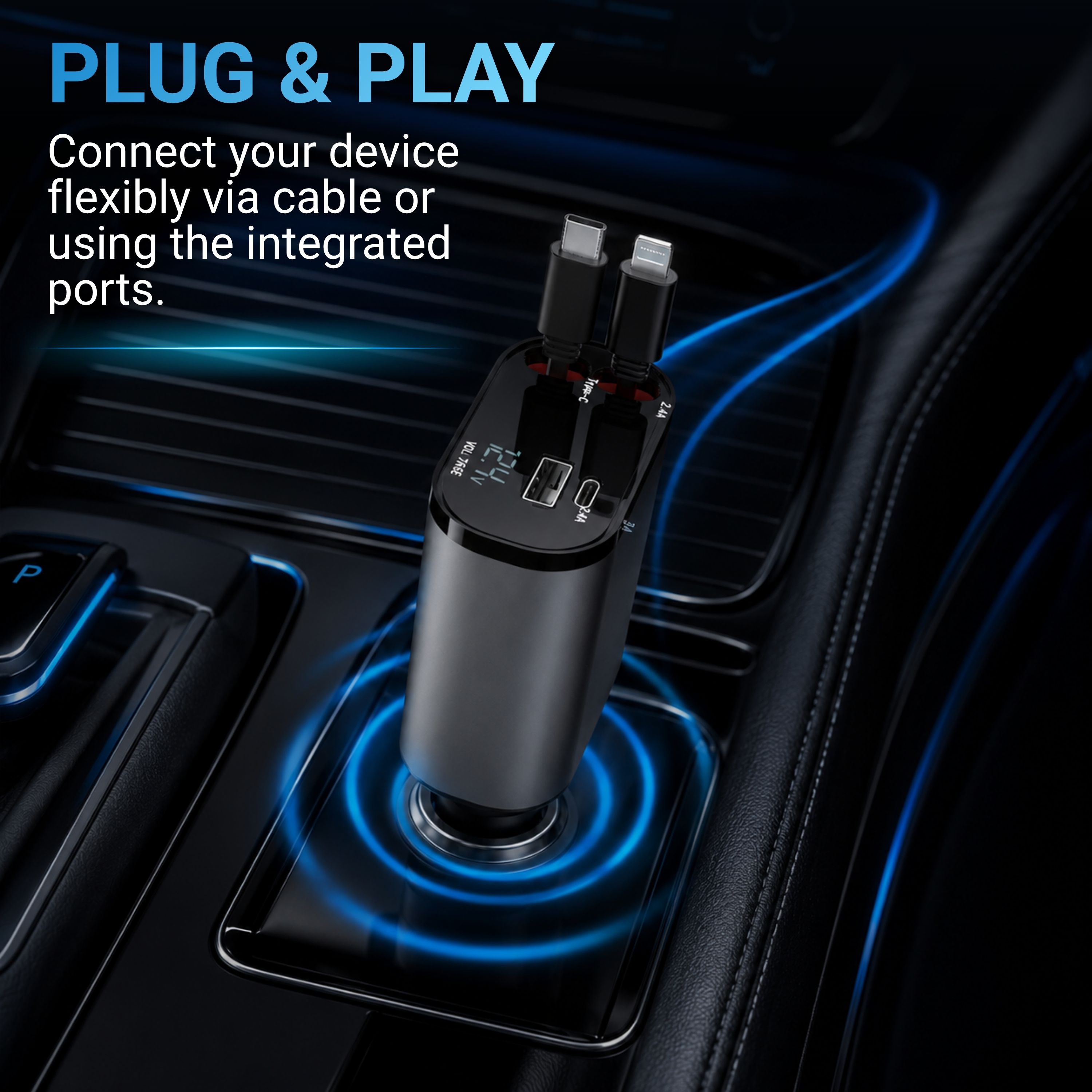 Ein schwarzer USB-C-Autoladegerät mit zwei Kabeln, das in einer Mittelkonsole steckt.