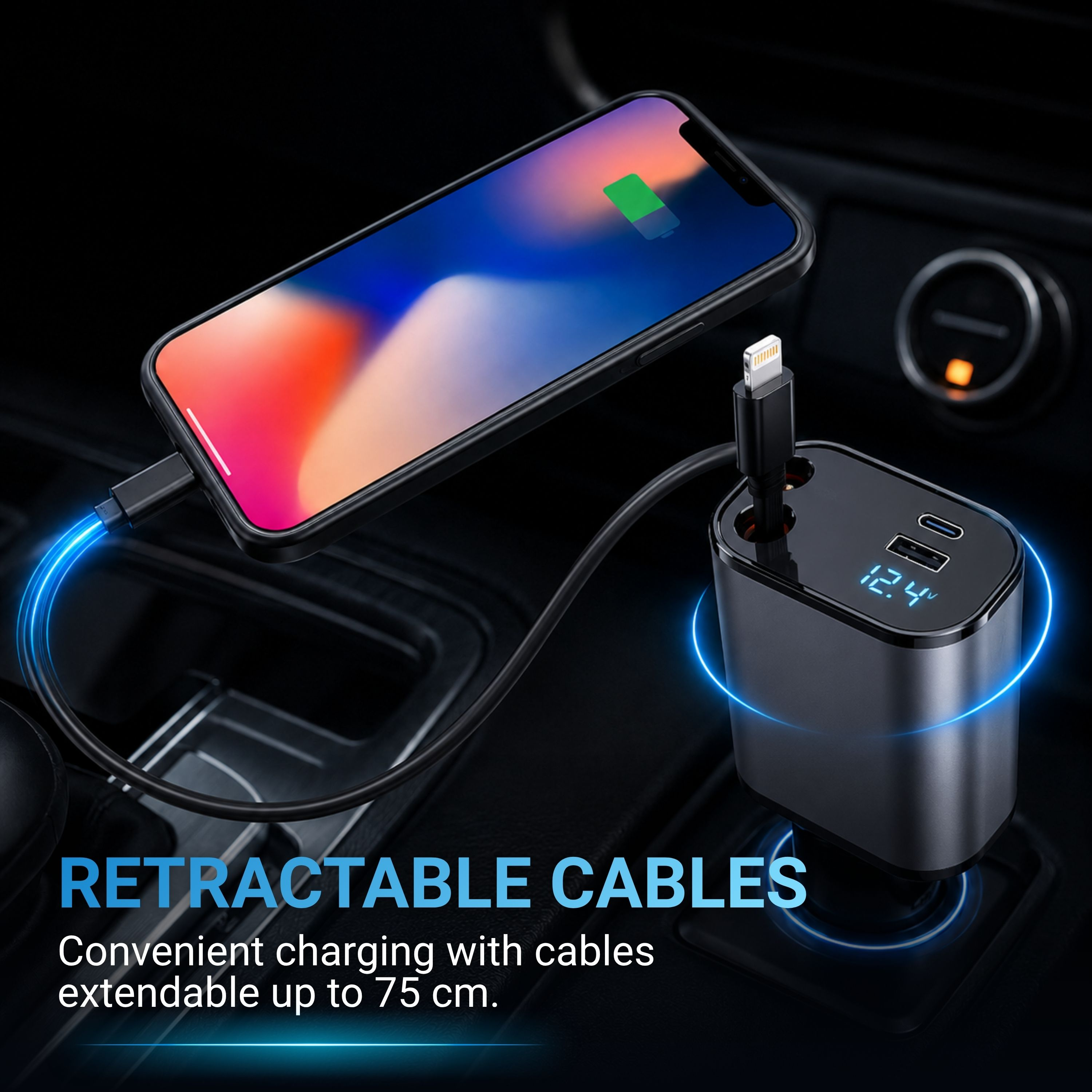 Ein Smartphone wird in einem Auto geladen. Ein Ladegerät zeigt 12.4V an.