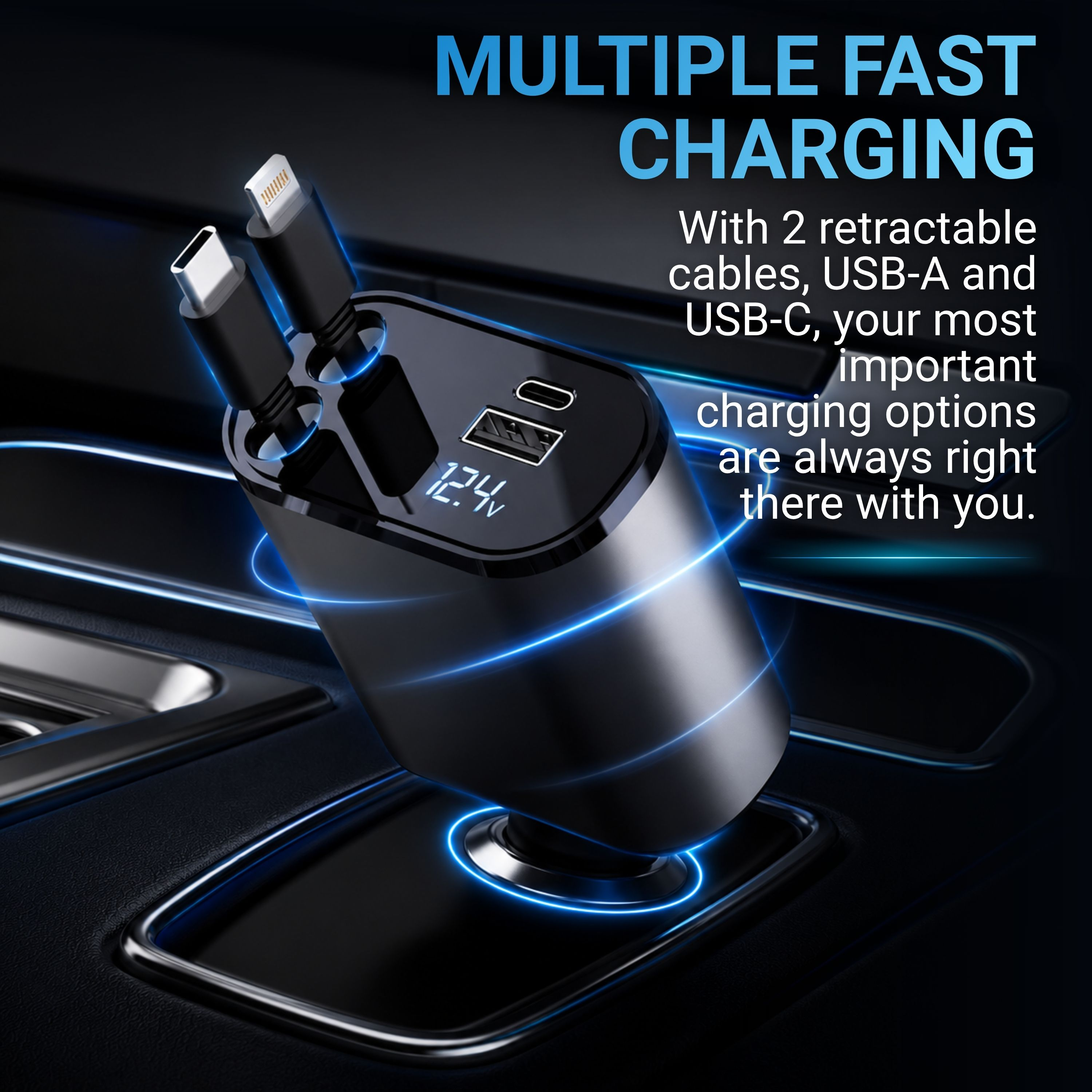 Schwarzer Kfz-Ladeadapter mit ausziehbaren USB-A- und USB-C-Kabeln. Zeigt 12,4 V an.