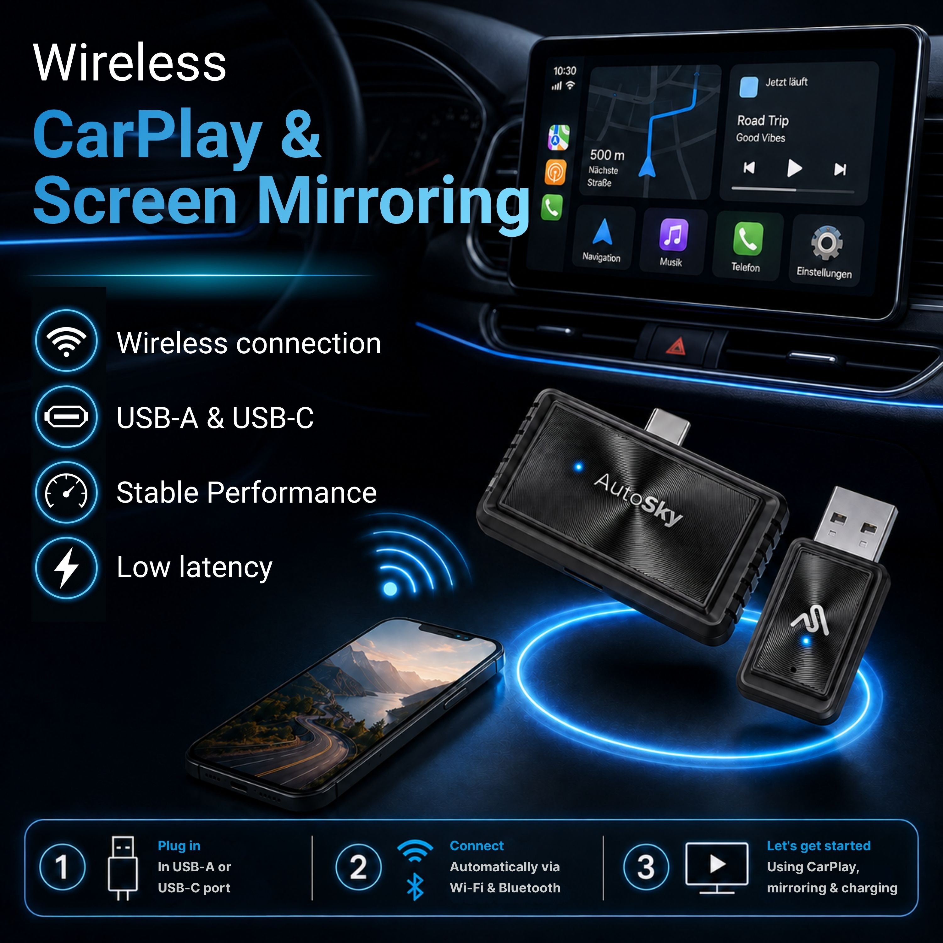 Drahtloses CarPlay & Screen Mirroring mit AutoSky-Adapter, Telefon und Auto-Display.