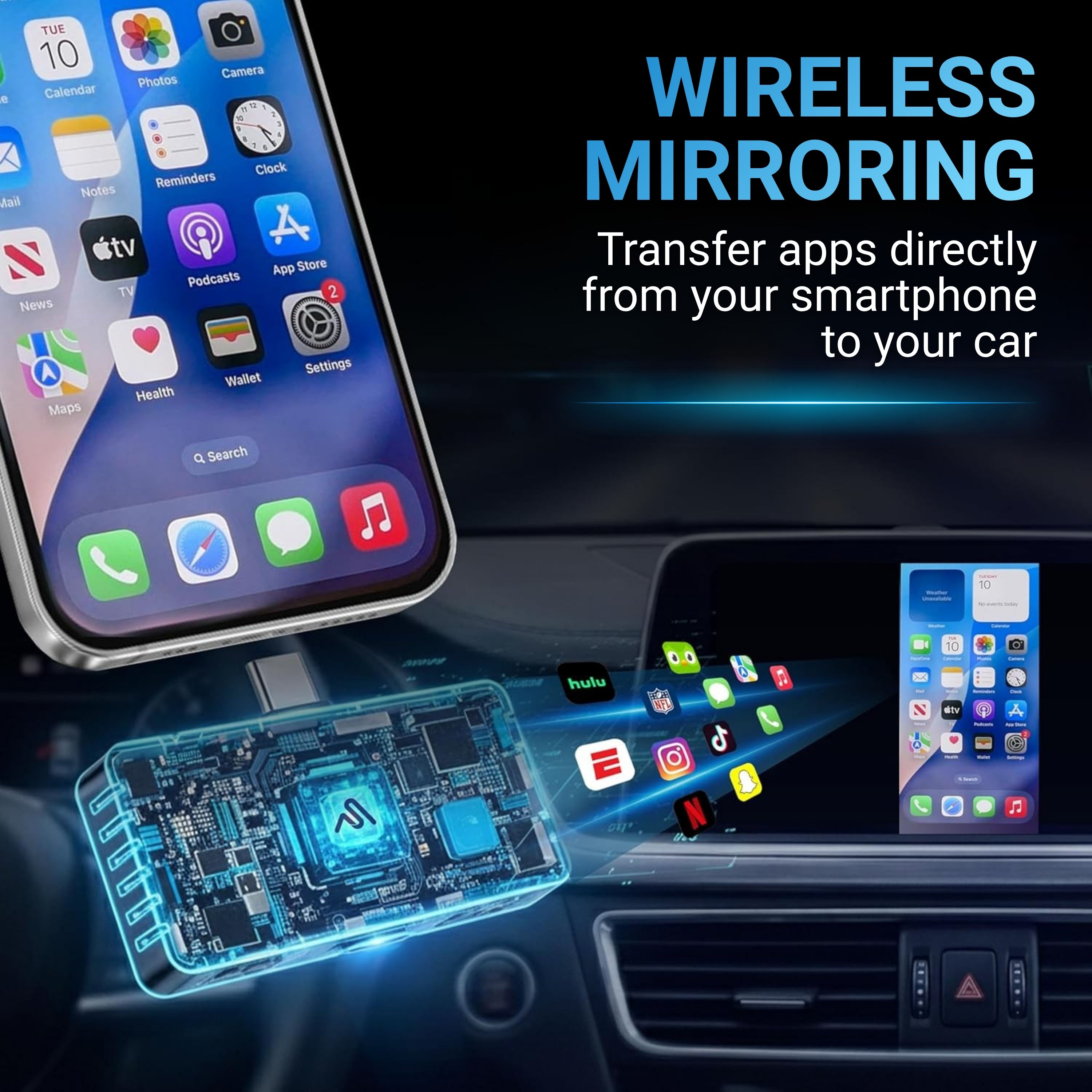 Ein Smartphone-Bildschirm mit Apps wird über einen Adapter mit dem Auto-Display verbunden.
