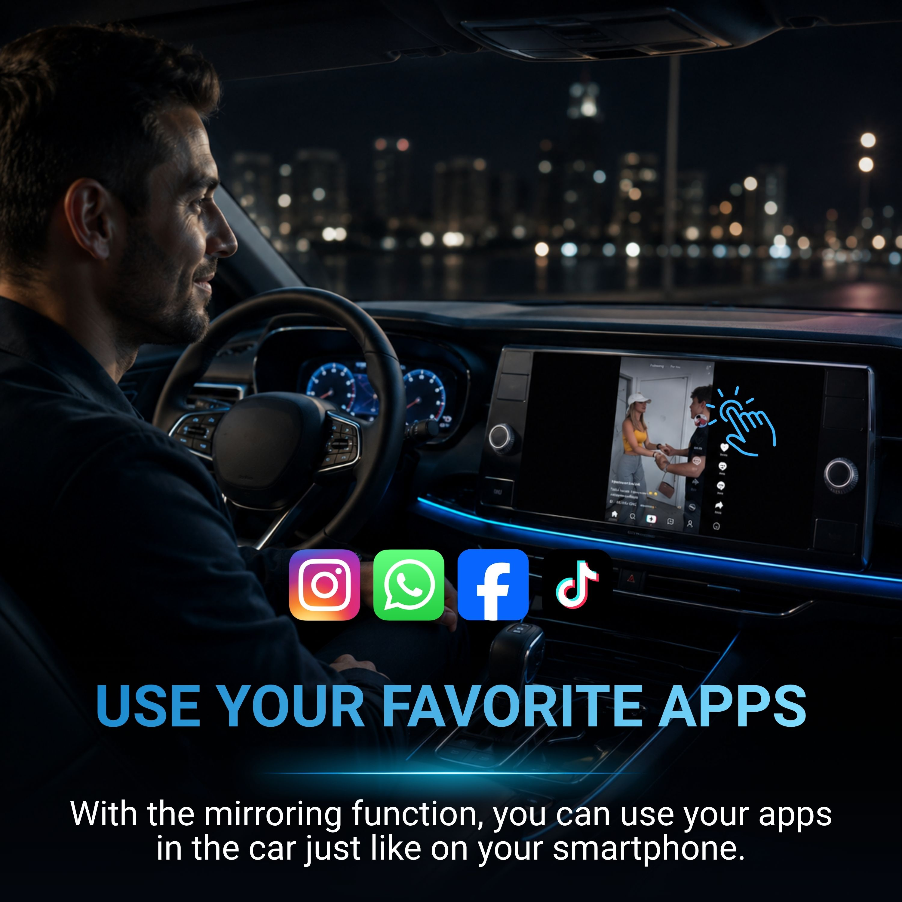 Mann fährt Auto bei Nacht, zeigt Social-Media-Icons auf dem Infotainment-Bildschirm.