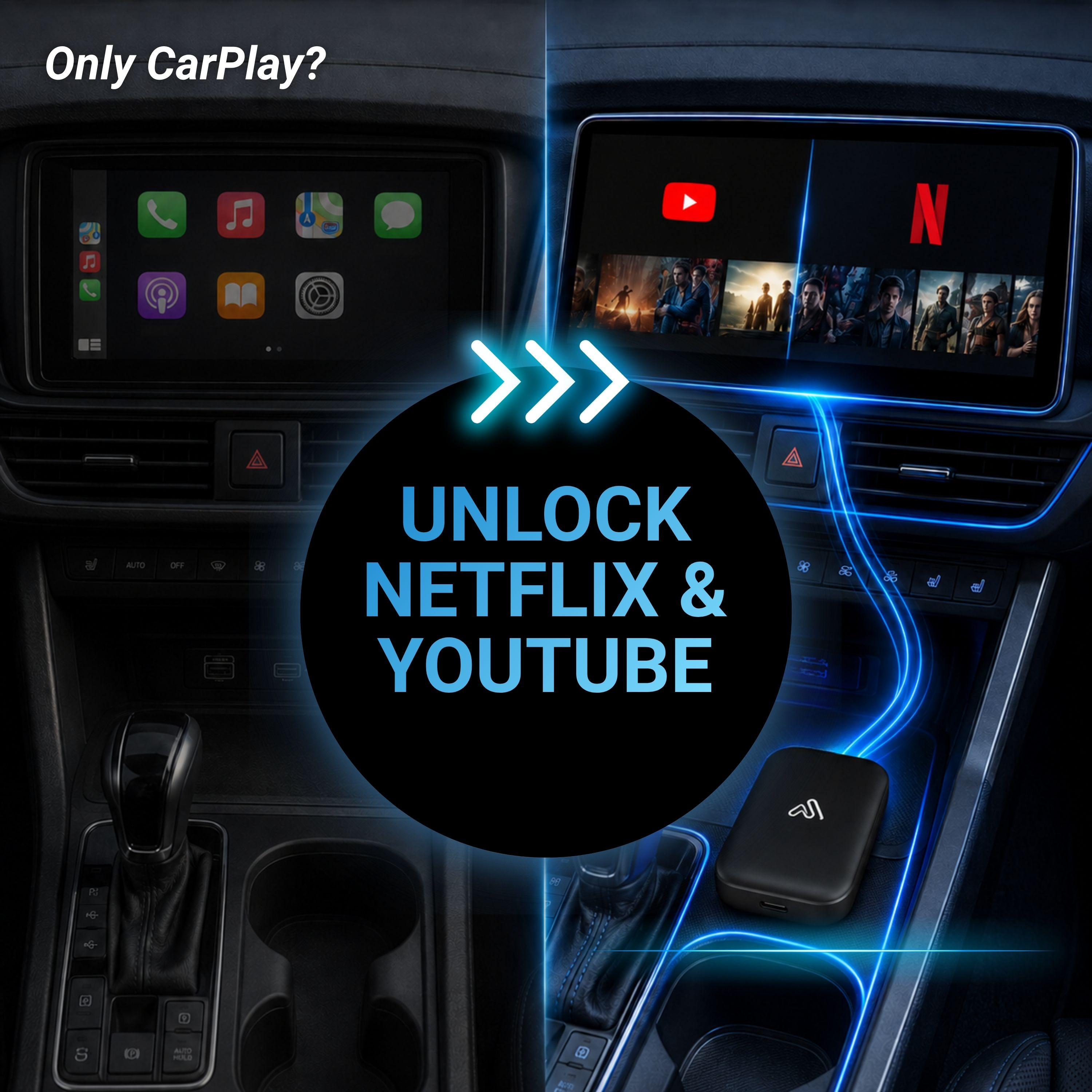 Auto-Innenraum: Links CarPlay, rechts Netflix/YouTube mit Dongle.