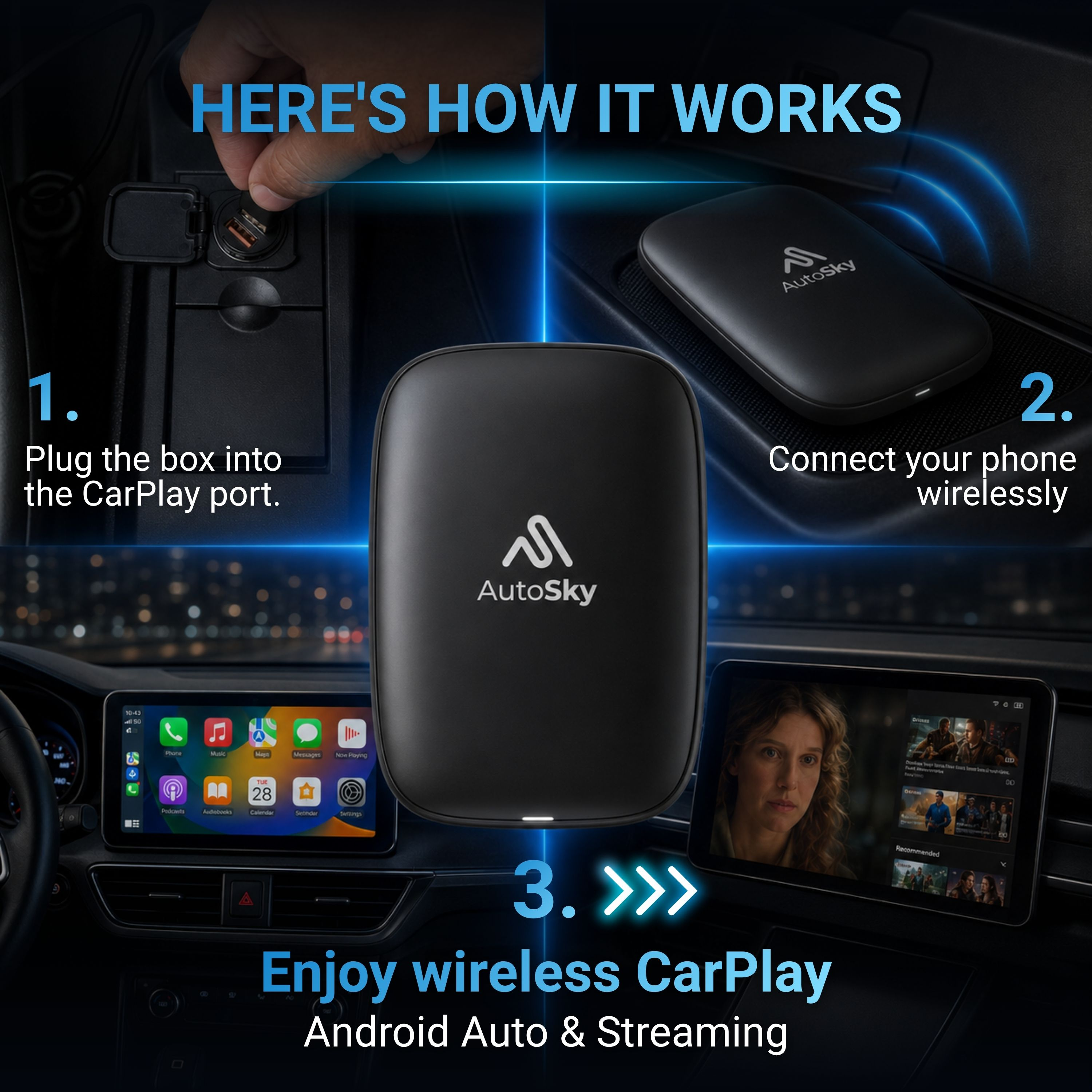 Ein Mann steckt ein Gerät in einen Auto-USB-Anschluss. Zwei Bildschirme zeigen Apps und Videos.