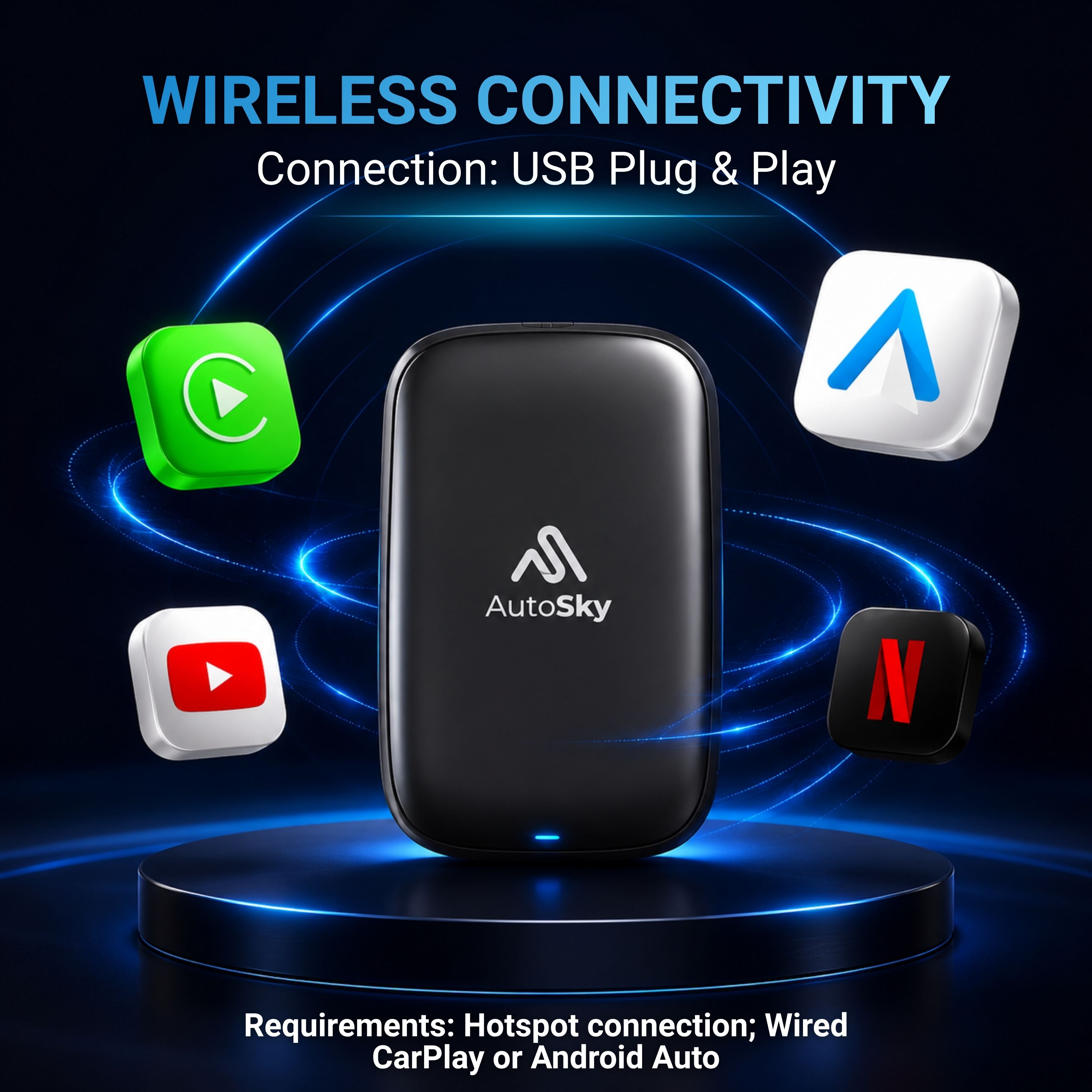Ein schwarzes Auto-Gadget mit App-Symbolen: YouTube, Netflix, Apple CarPlay, Android Auto.