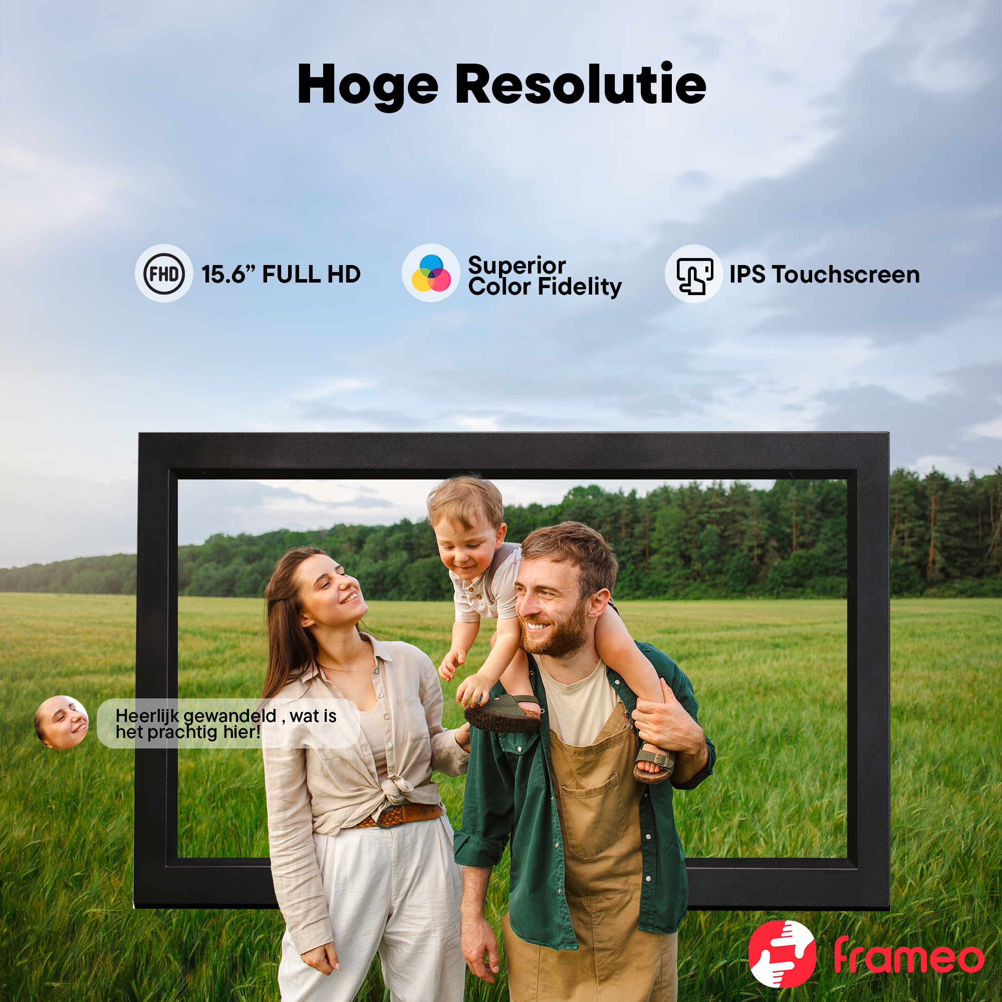 A man carries a child on his shoulders, next to a woman in a field. Text mentions 15.6" Full HD.