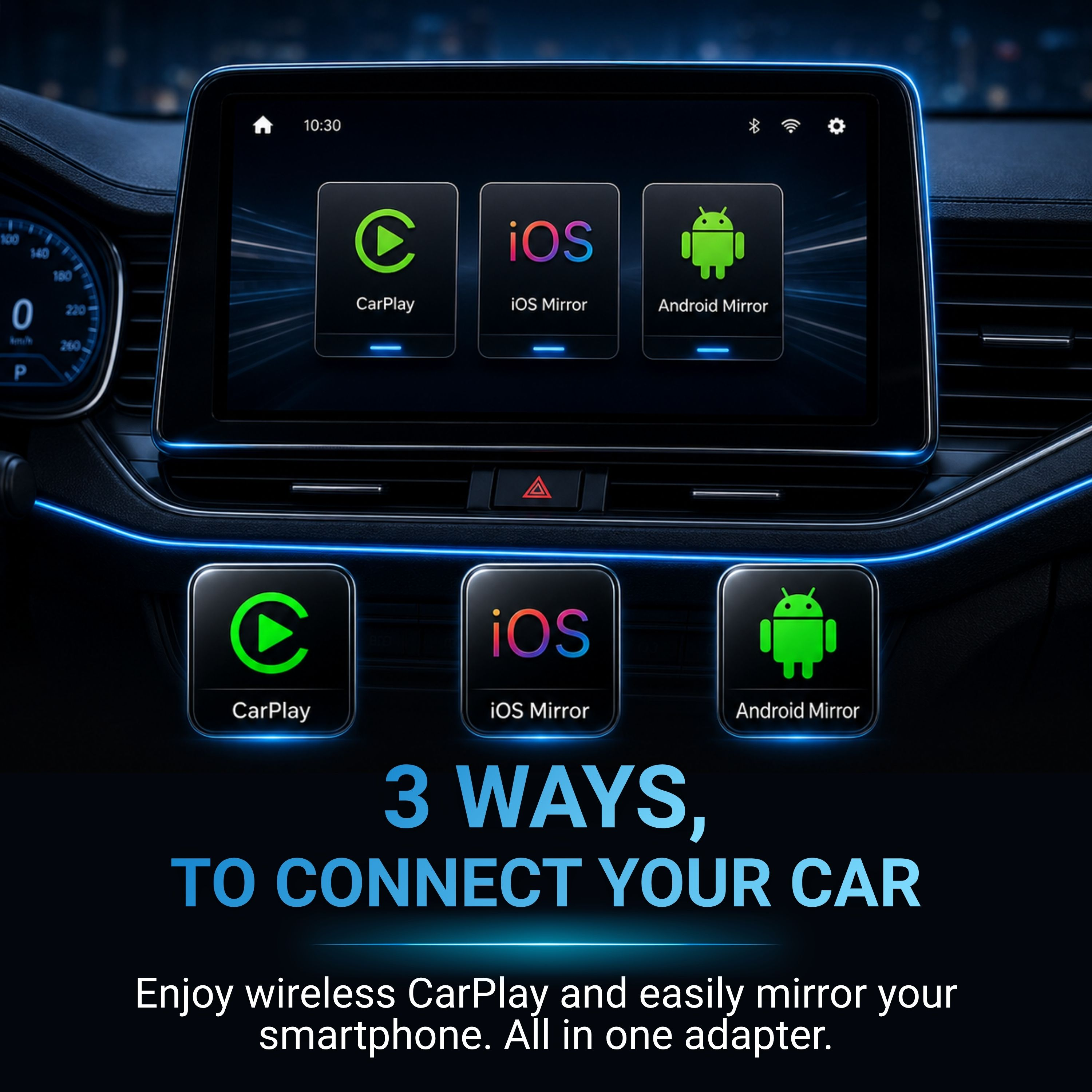 Armaturenbrett mit Touchscreen für Auto-Konnektivität: CarPlay, iOS Mirror, Android Mirror.