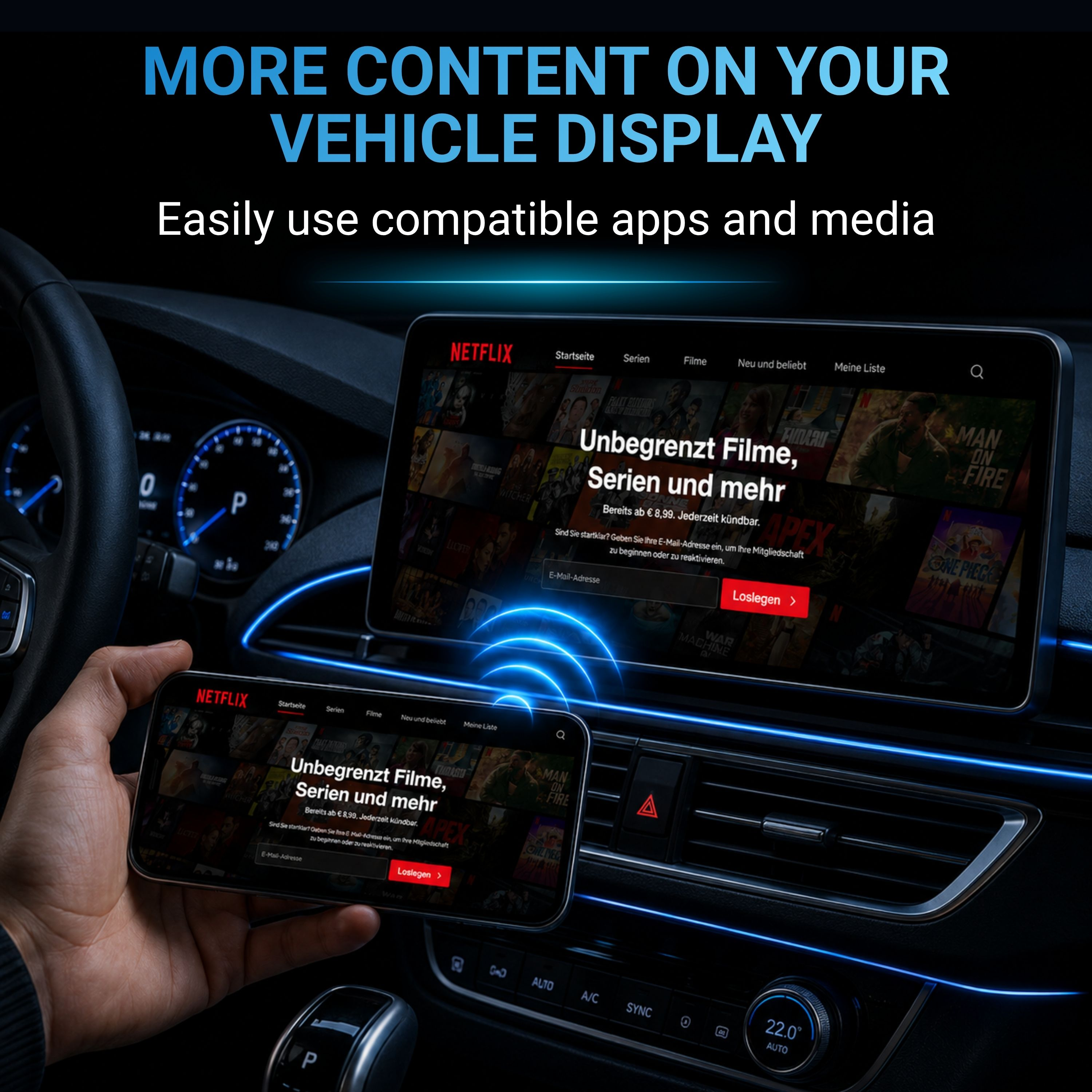 Ein Handy spiegelt Netflix auf einem Auto-Display, das mit blauen Lichtern akzentuiert ist.