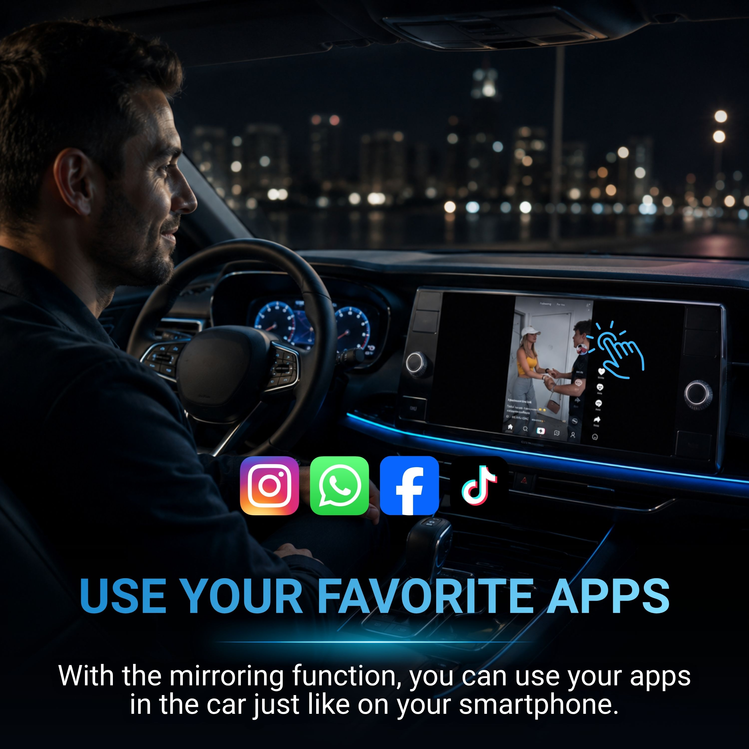 Mann fährt nachts Auto; Social-Media-Icons und App-Spiegelung auf dem Bildschirm.
