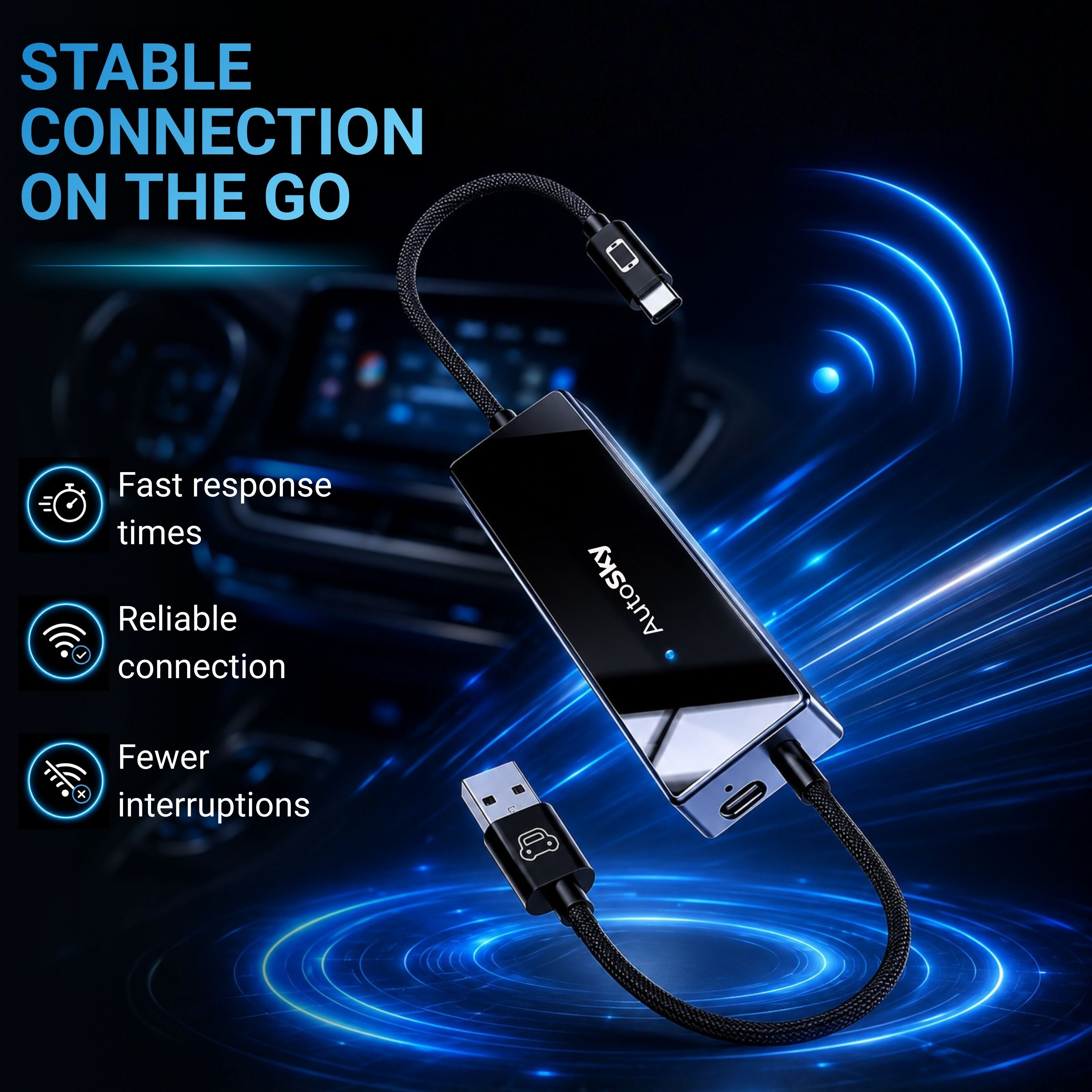 Ein schwarzes Auto-Konnektivitätsgerät mit USB-Anschlüssen vor blauem Hintergrund.