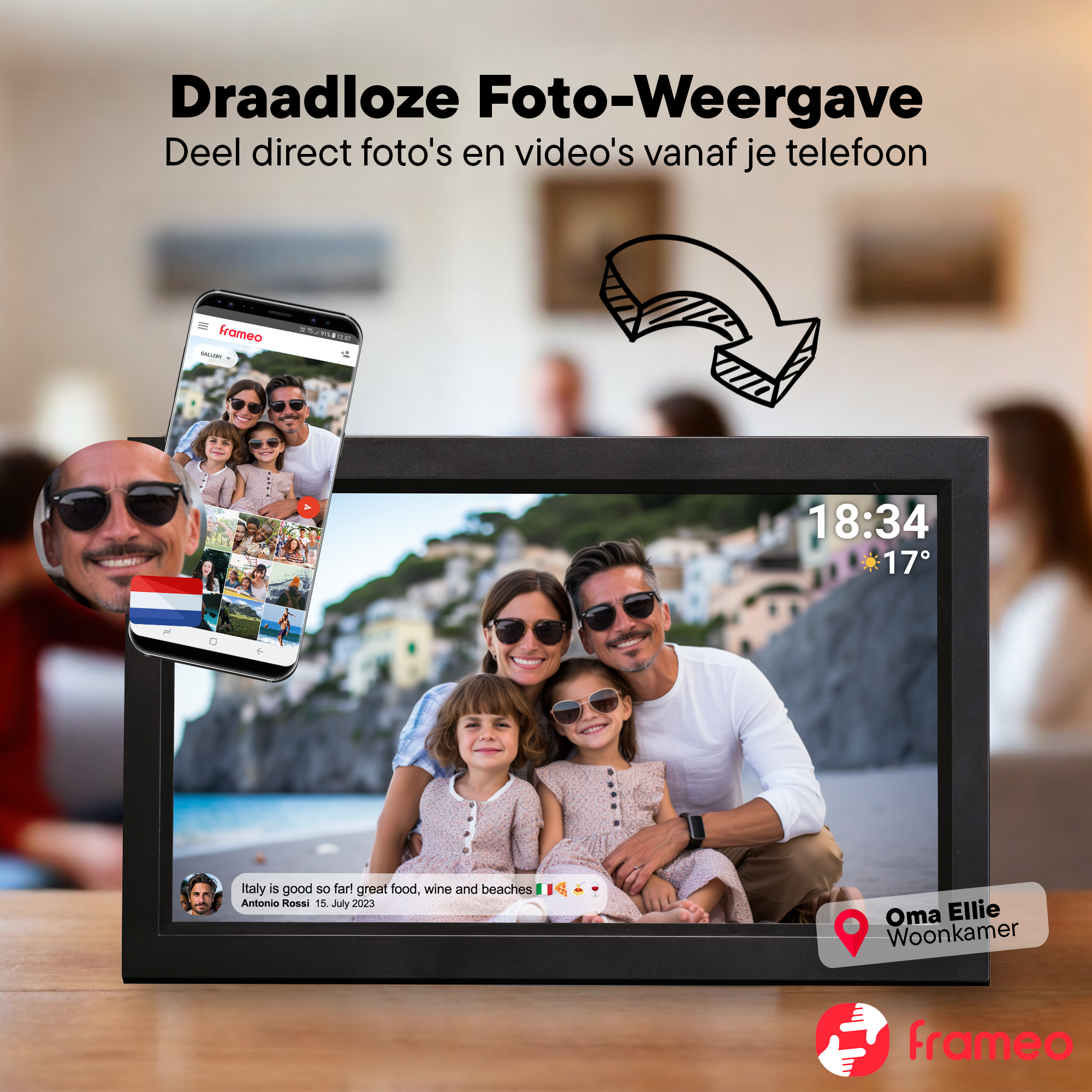 Digitaler Bilderrahmen zeigt Familie, Wetter und Handy-Galerie.