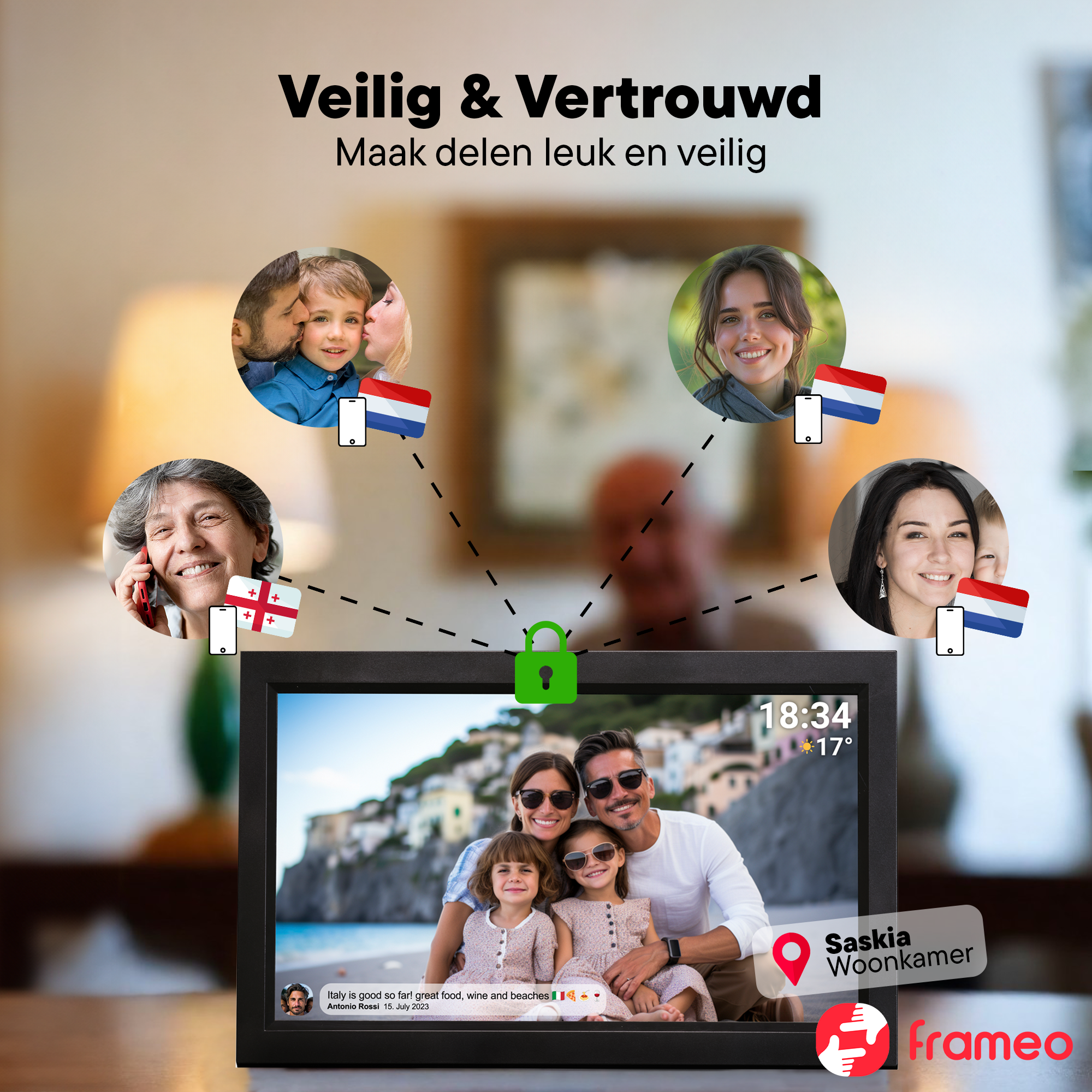 Ein digitaler Bilderrahmen zeigt eine Familie am Strand, mit vier kleineren Fotos von Personen und Flaggen.