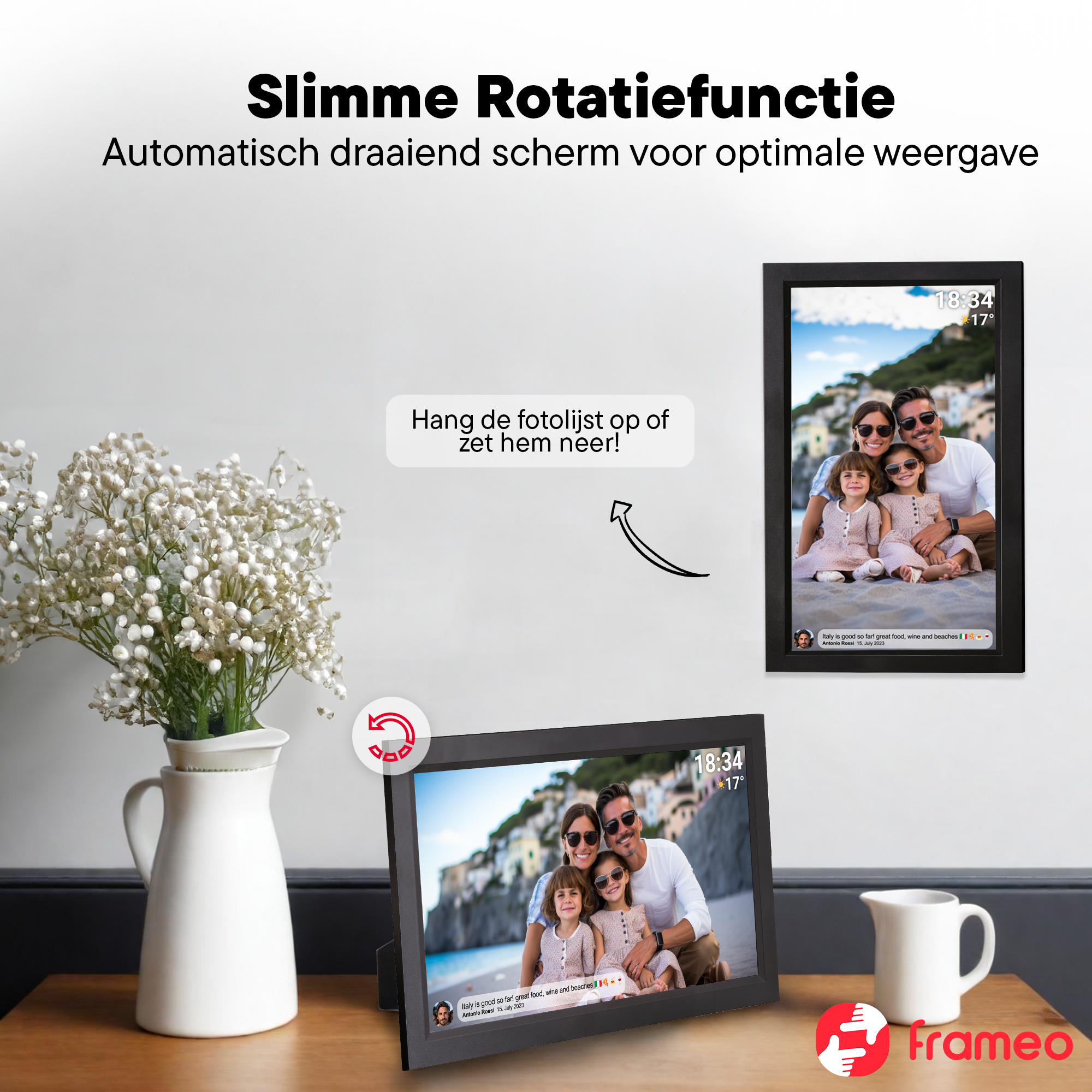 Digitaler Bilderrahmen mit Familie auf Strandfoto, Vase und Kanne.