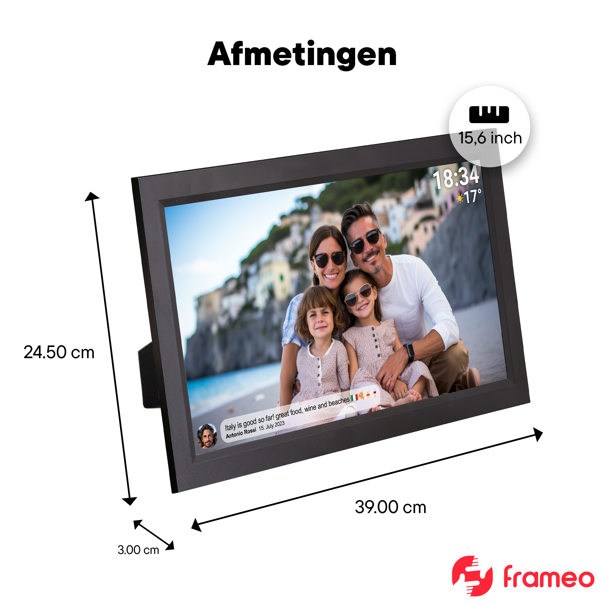 Digitaler Bilderrahmen zeigt Familie am Strand. Maße: 39x24,5cm. Bildschirm: 15,6 Zoll.