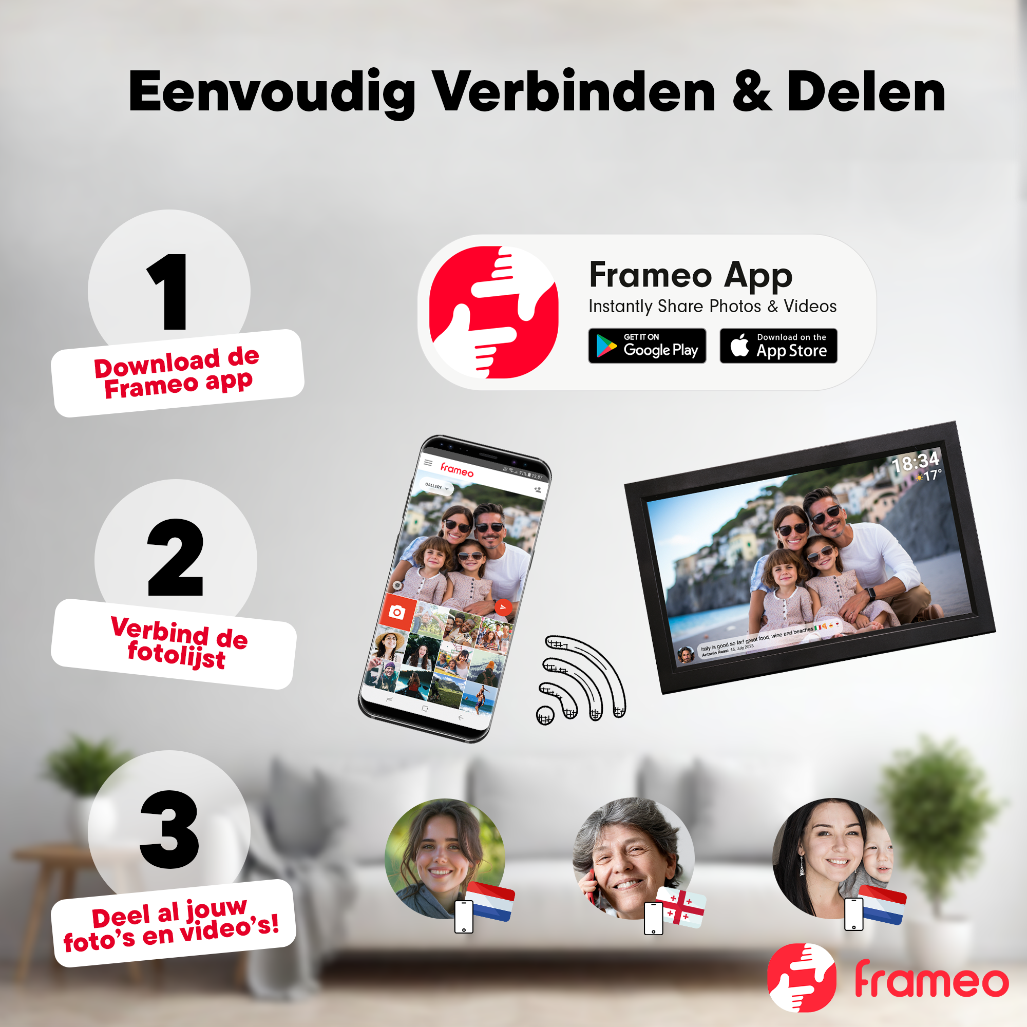 Schritt-für-Schritt-Anleitung: App herunterladen, Fotorahmen verbinden, Fotos teilen.