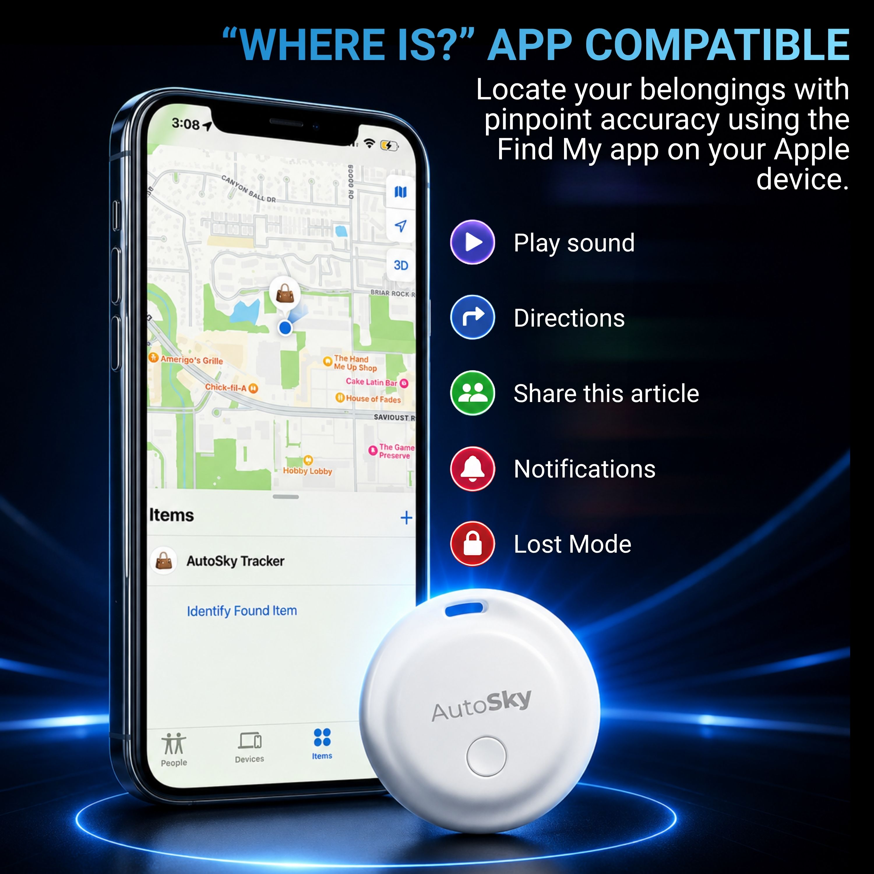 iPhone zeigt Karten-App, AutoSky-Tracker und Funktionssymbole.