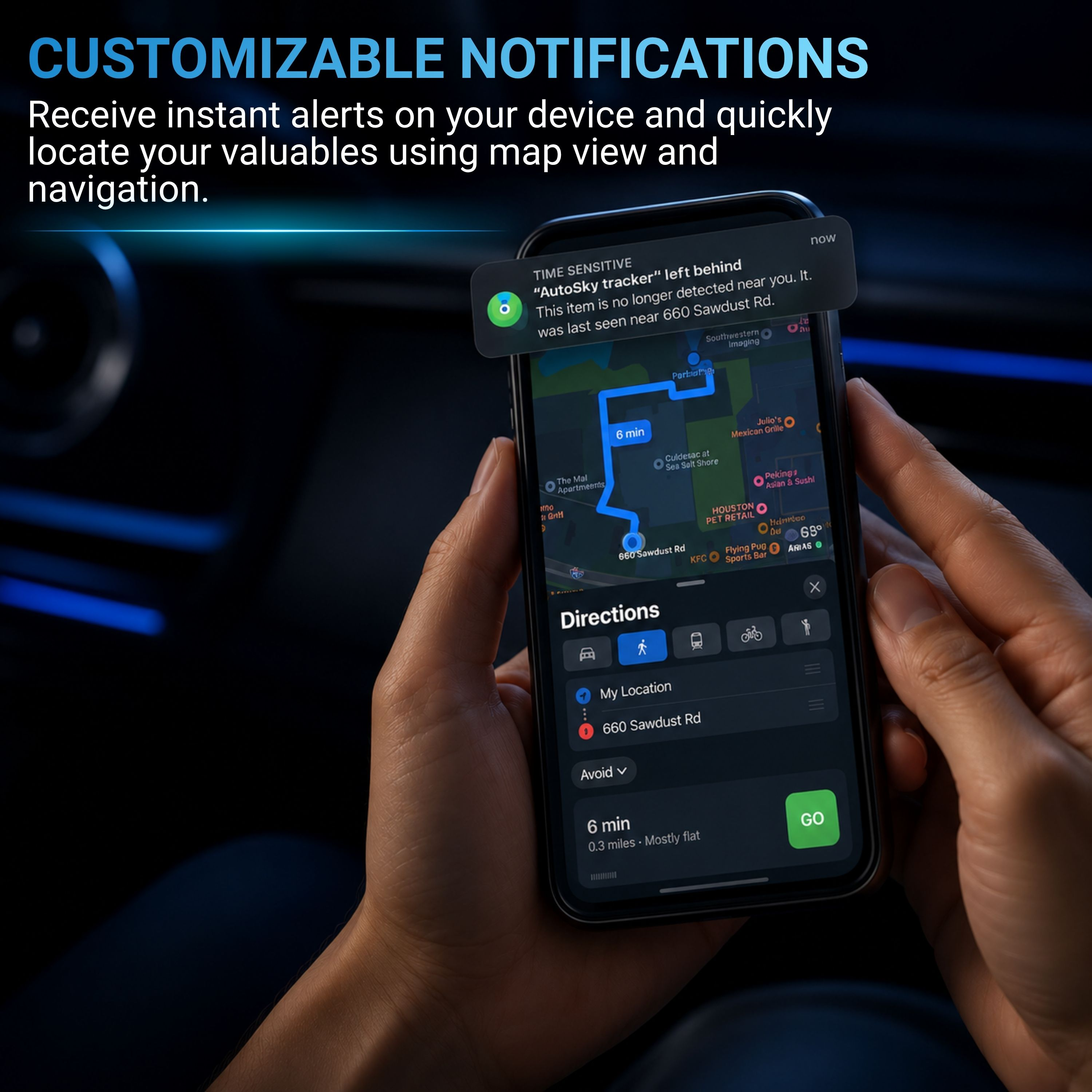 Ein Smartphone zeigt eine Navigations-App mit einer Benachrichtigung "AutoSky Tracker".