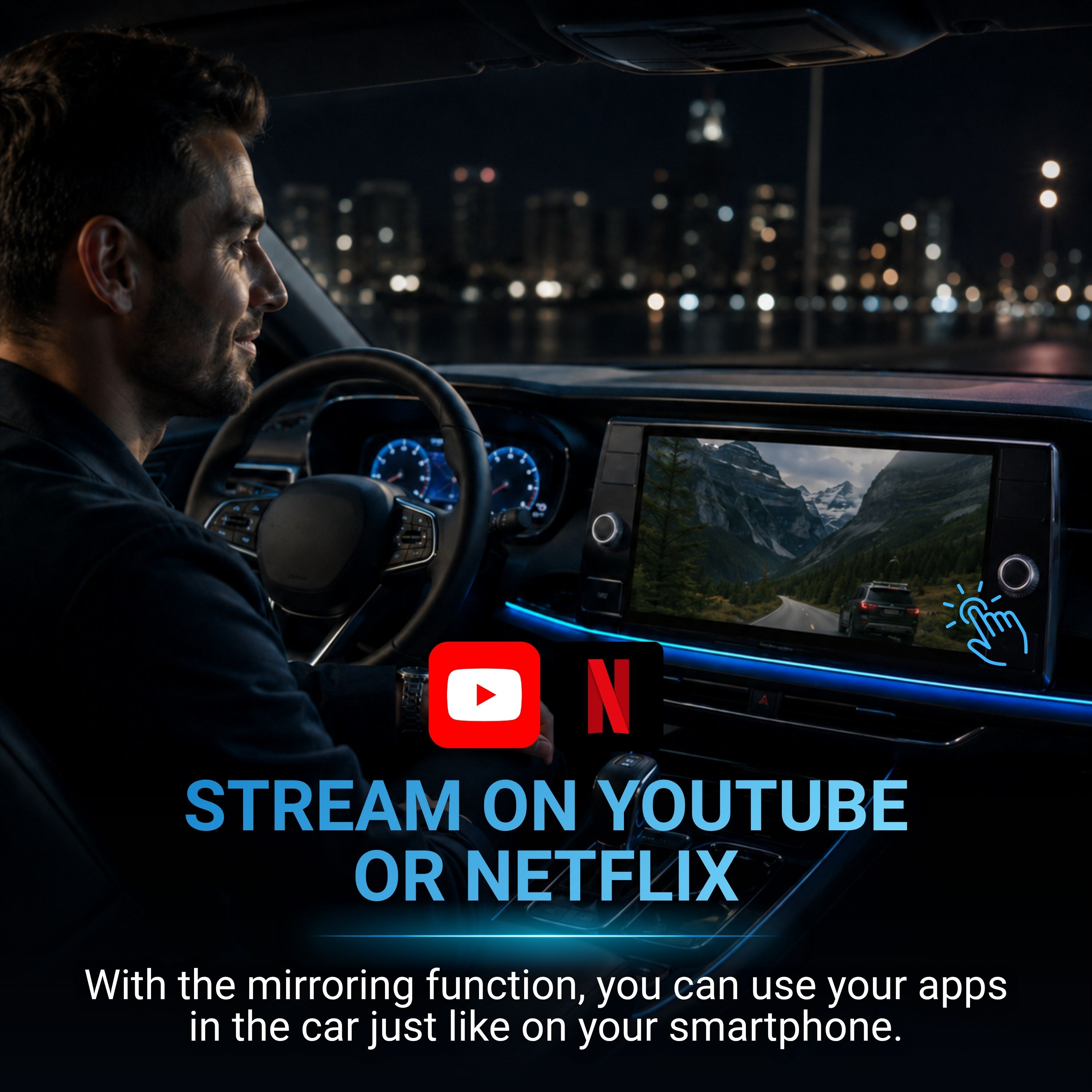 Uomo in auto in streaming YouTube/Netflix sullo schermo.