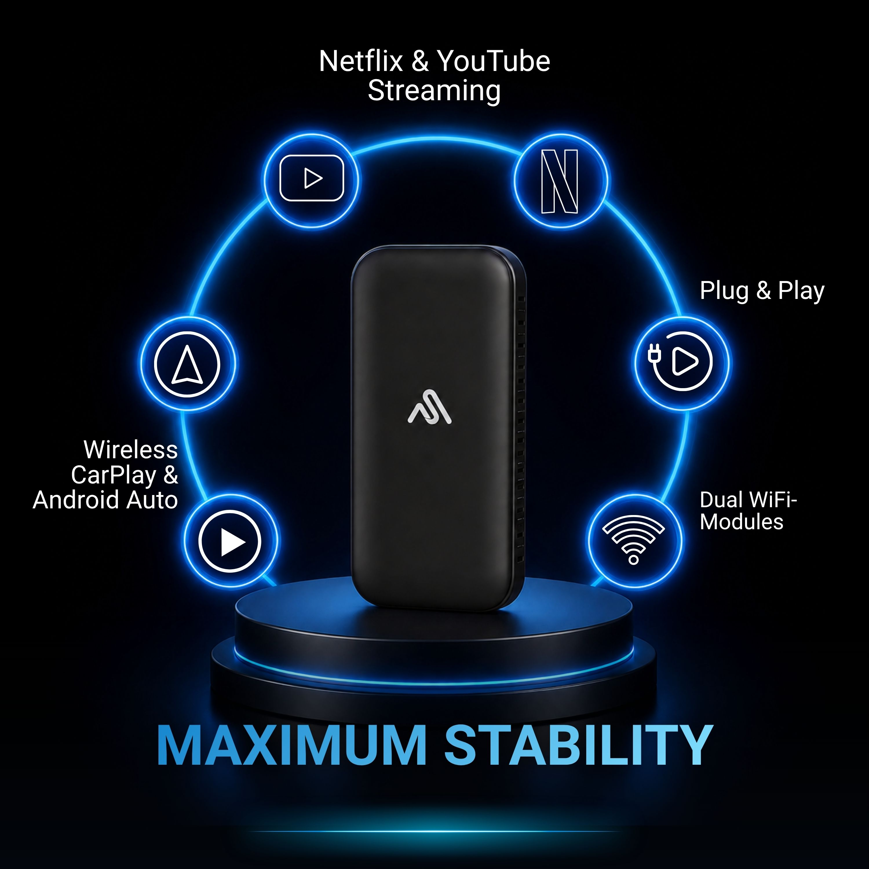 Un dispositivo nero con anelli al neon blu che mostrano funzioni come Netflix, Plug & Play, WiFi e CarPlay.