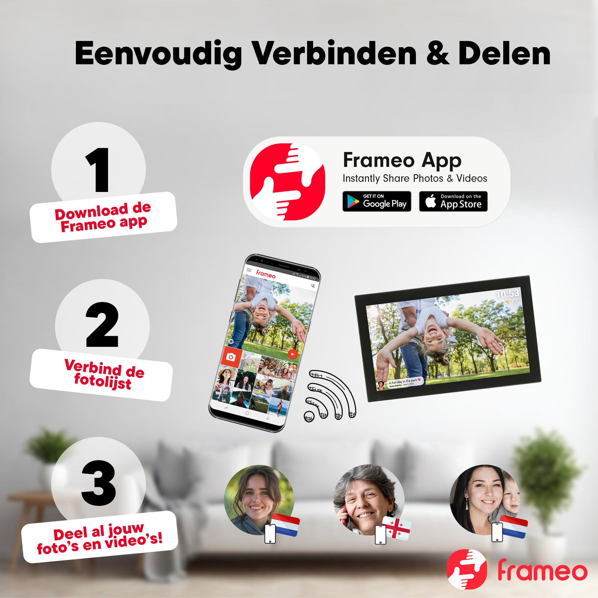 Anleitung: Frameo App herunterladen, Fotorahmen verbinden, Fotos teilen.