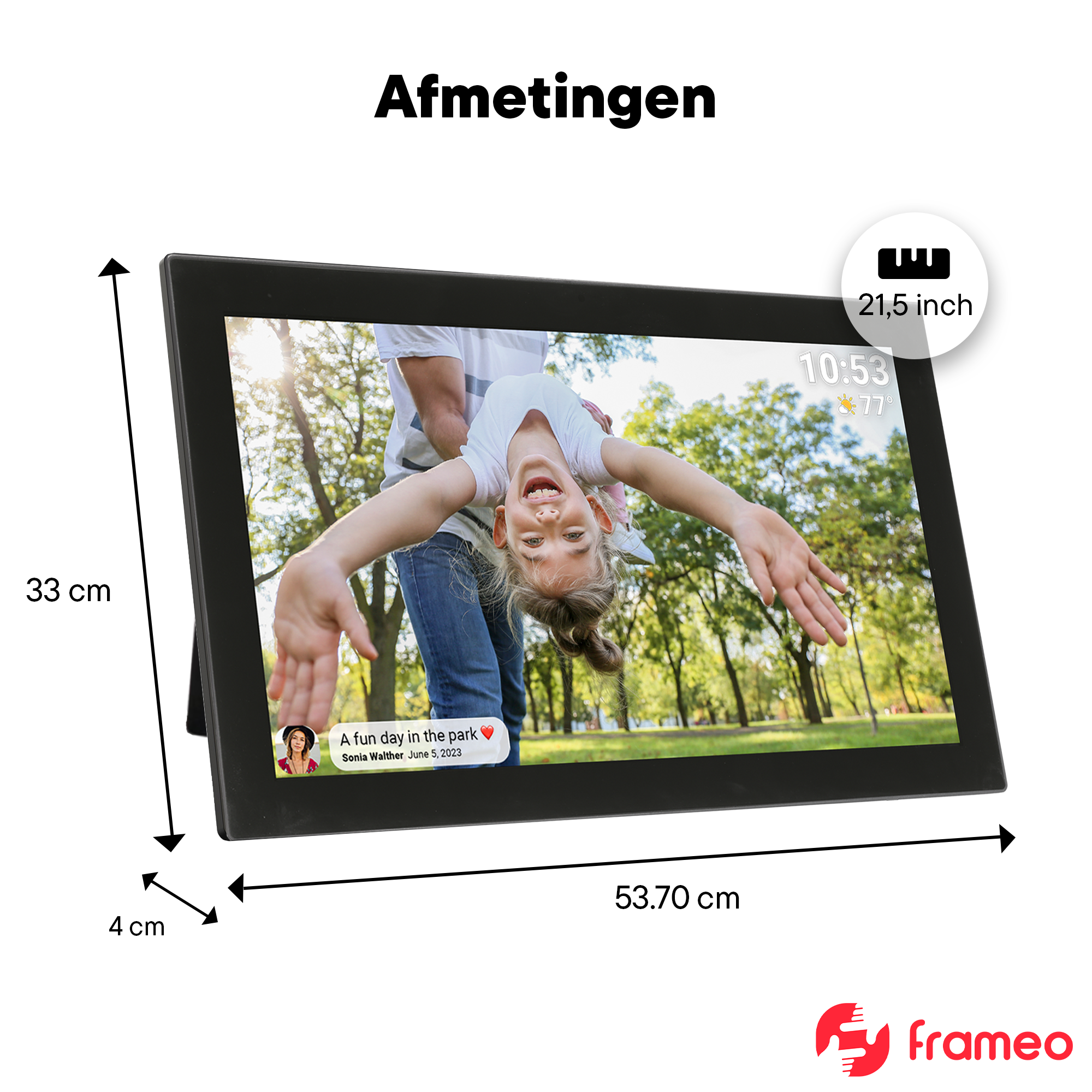 Digitaler Bilderrahmen mit 21,5 Zoll, zeigt ein Mädchen im Park an. Maße: 53,70x33x4 cm.