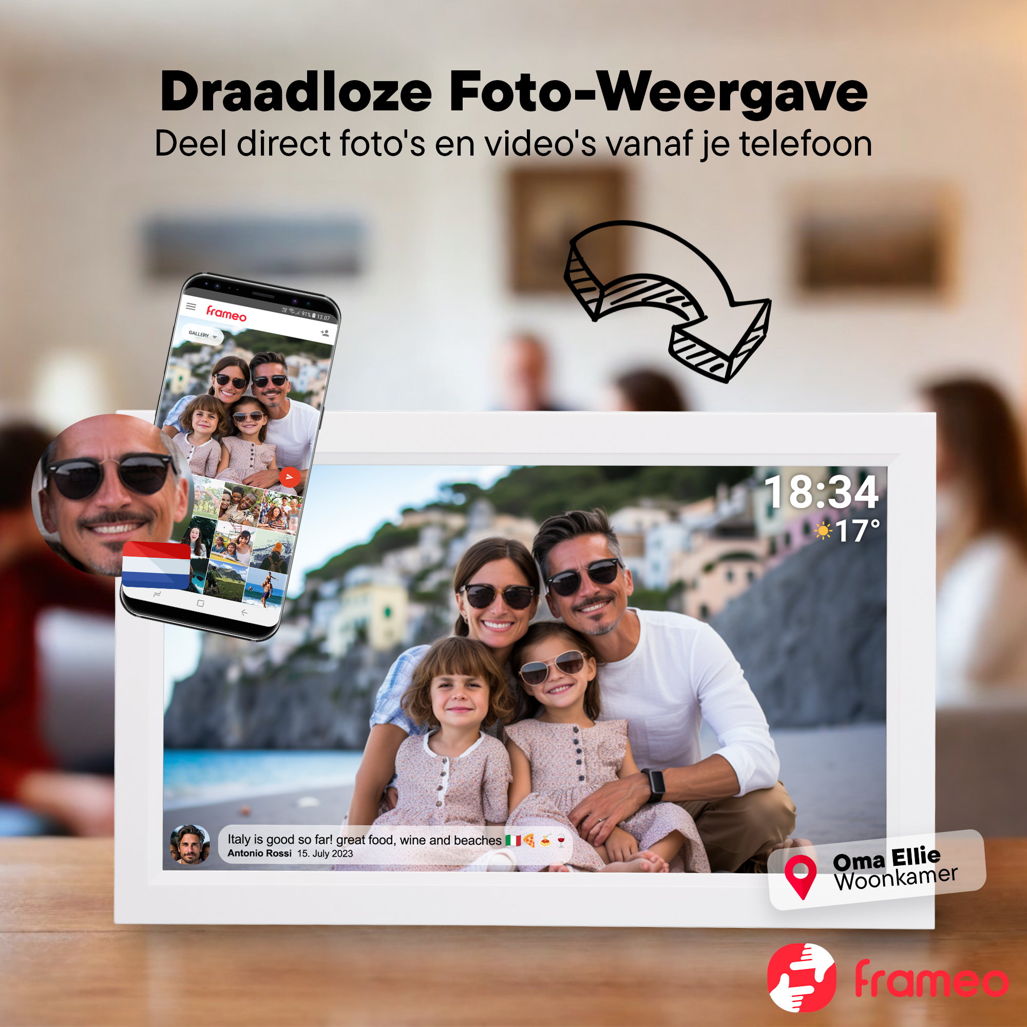 Ein Smartphone zeigt eine Familie auf einem digitalen Bilderrahmen, der eine Landschaft zeigt.