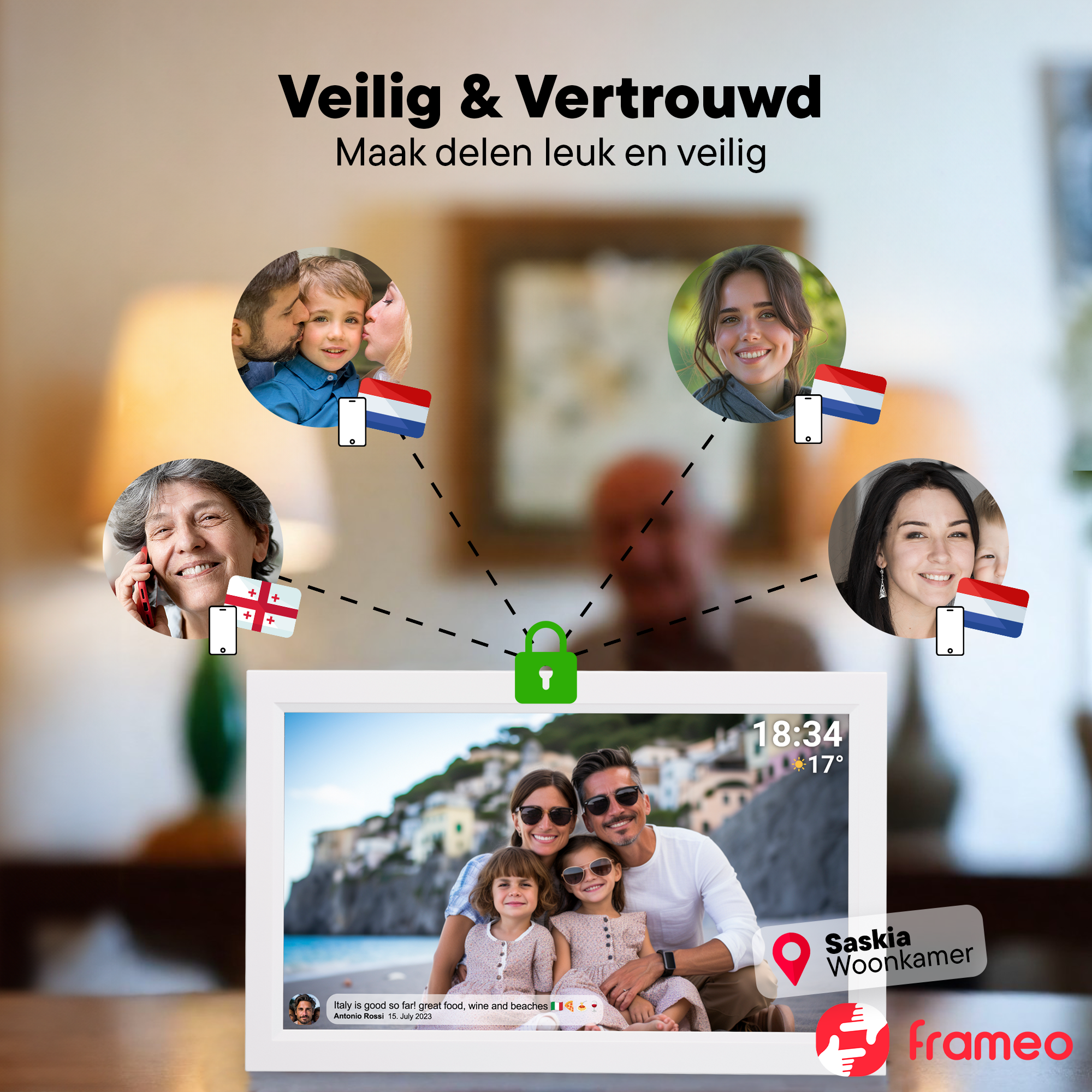 Digitale Fotorahmen-App zeigt Fotos von Familien und Freunden mit Flaggen und Standorten an.