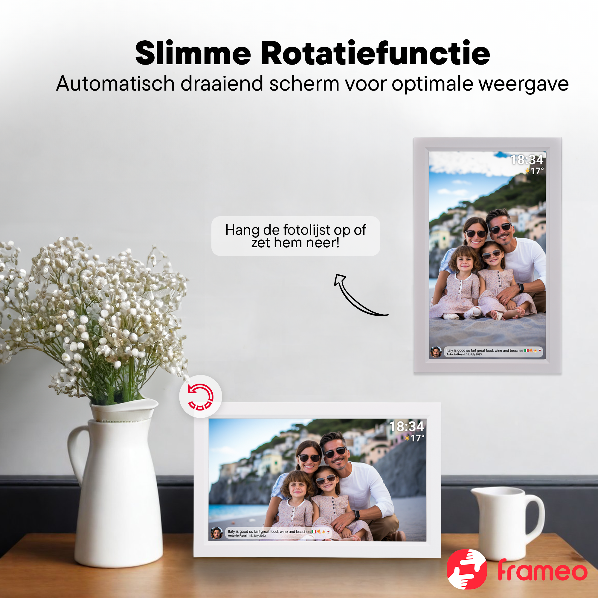 Ein digitales Bilderrahmen zeigt eine Familie am Strand. Ein Krug steht daneben.