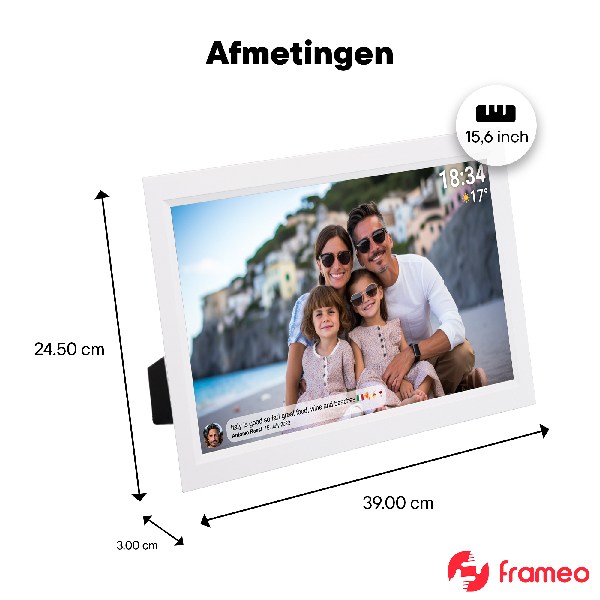 Digitaler Bilderrahmen mit Familie am Strand und Maßen.