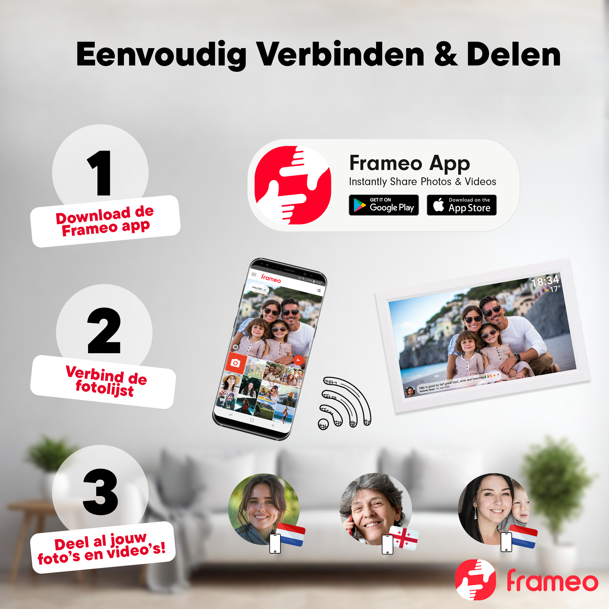 Schritt-für-Schritt-Anleitung für die Frameo App: Download, Verbindung, Teilen.