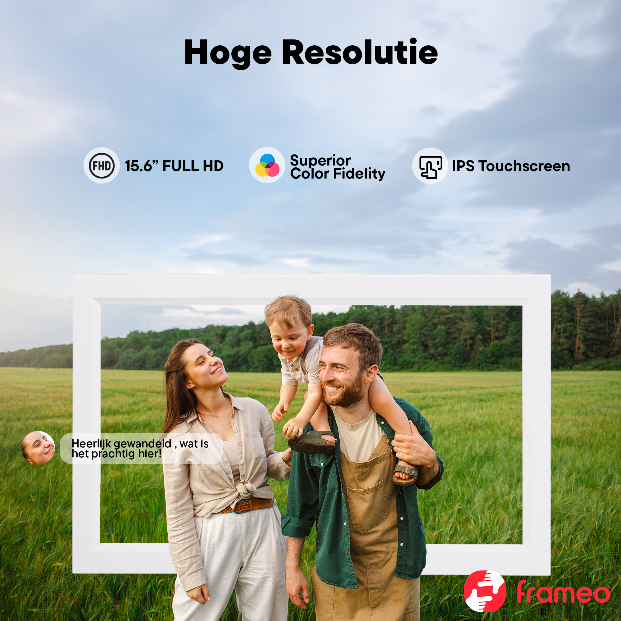 Family outdoors in front of white frame, with text on screen details.