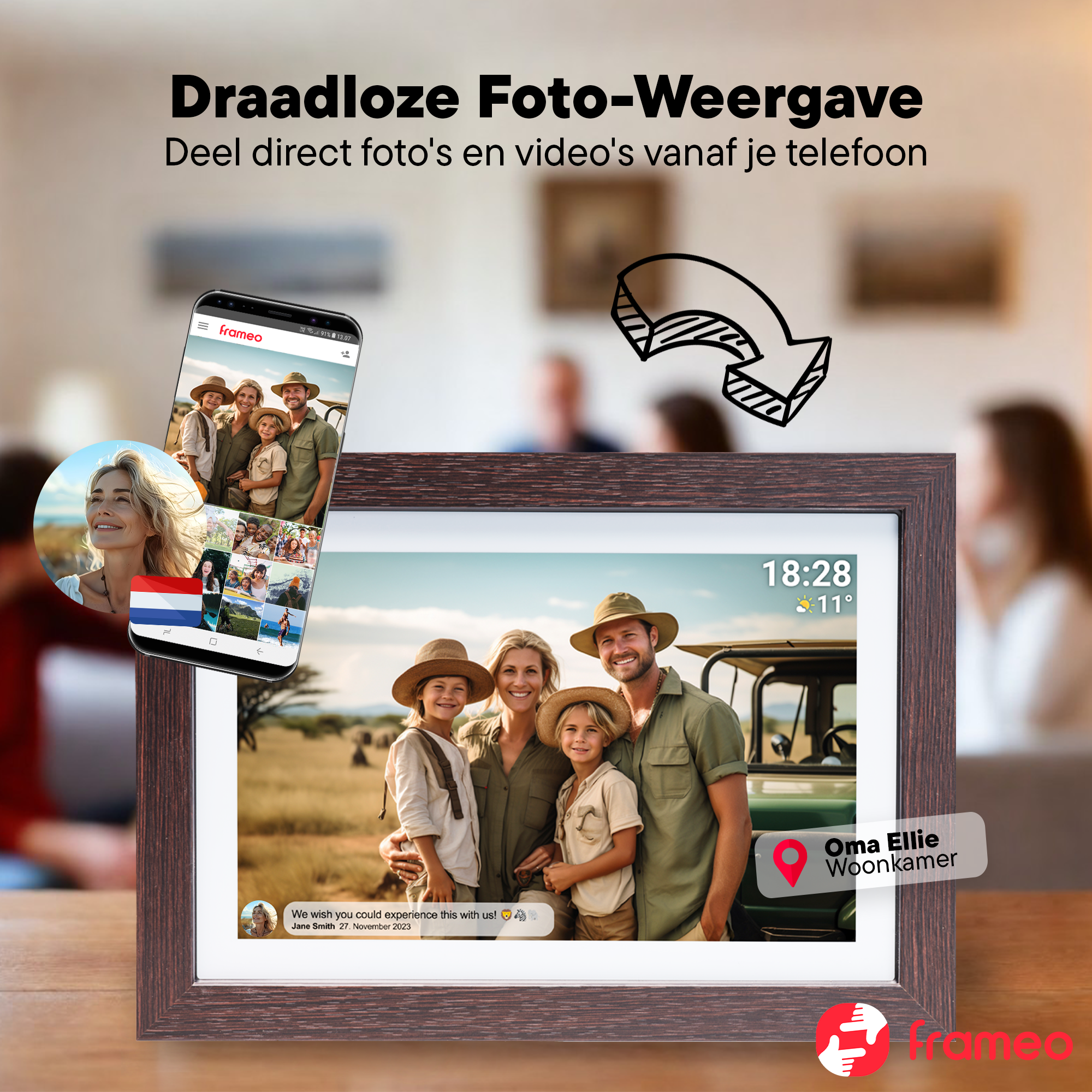 Cyfrowa ramka na zdjęcia wyświetla rodzinę w strojach safari. Telefon pokazuje zdjęcia.