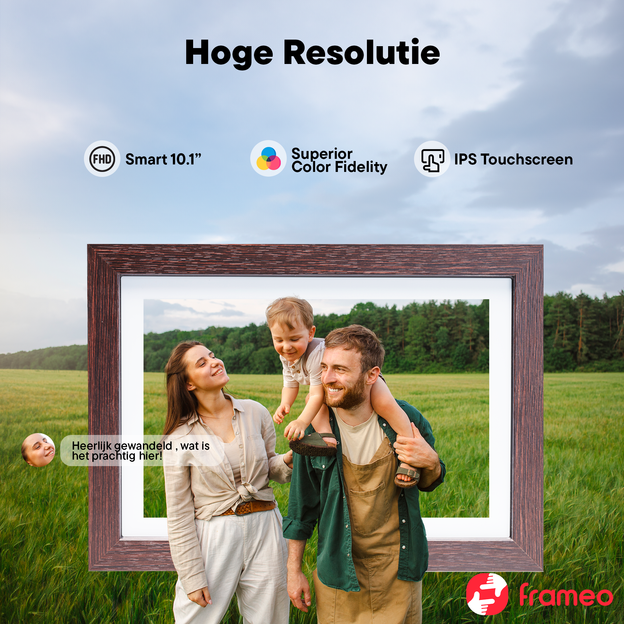 Family outdoors in front of digital frame with text about resolution.