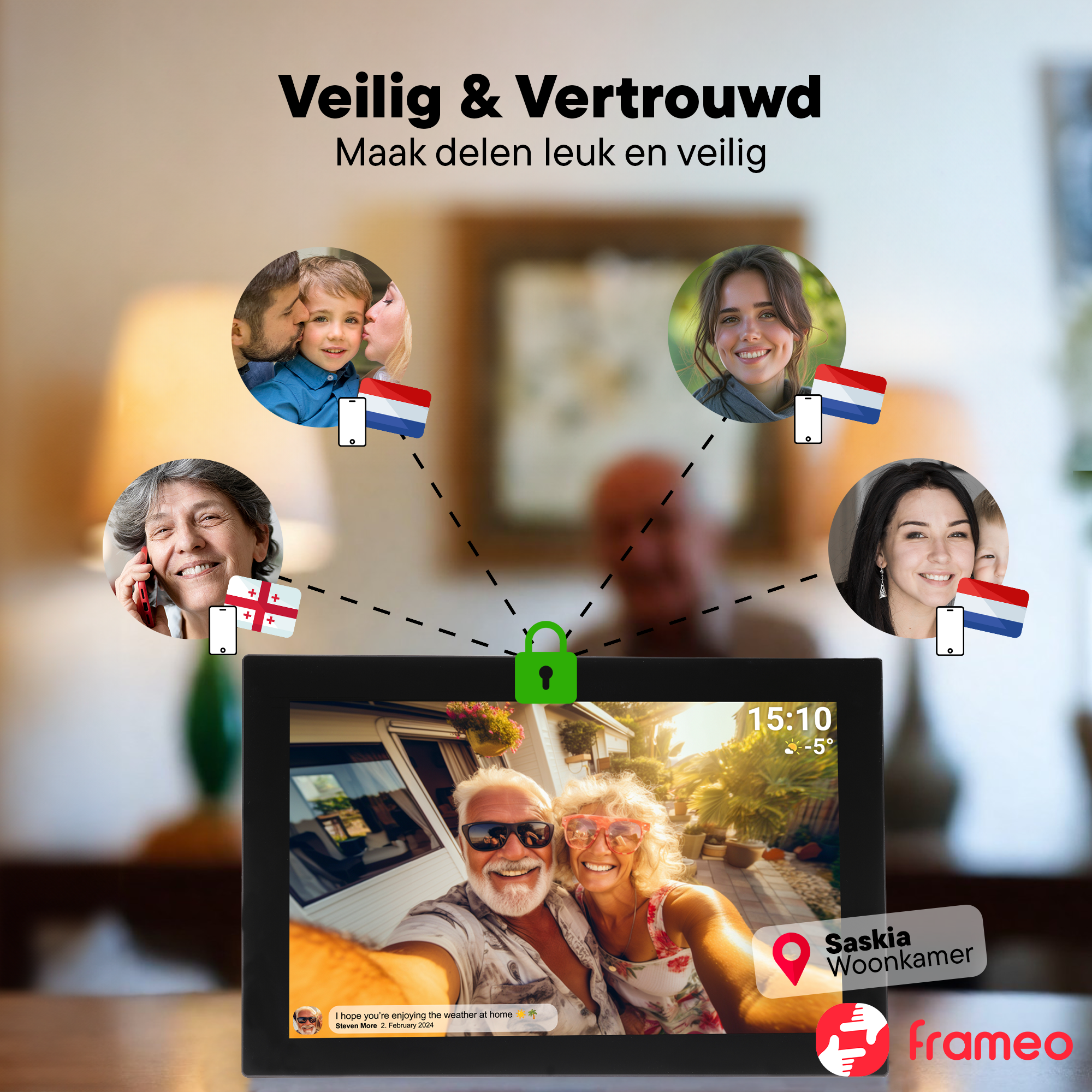 Digitale Fotorahmen zeigt Bilder von Familien und Freunden mit Flaggen. Ein Schloss symbolisiert Sicherheit.