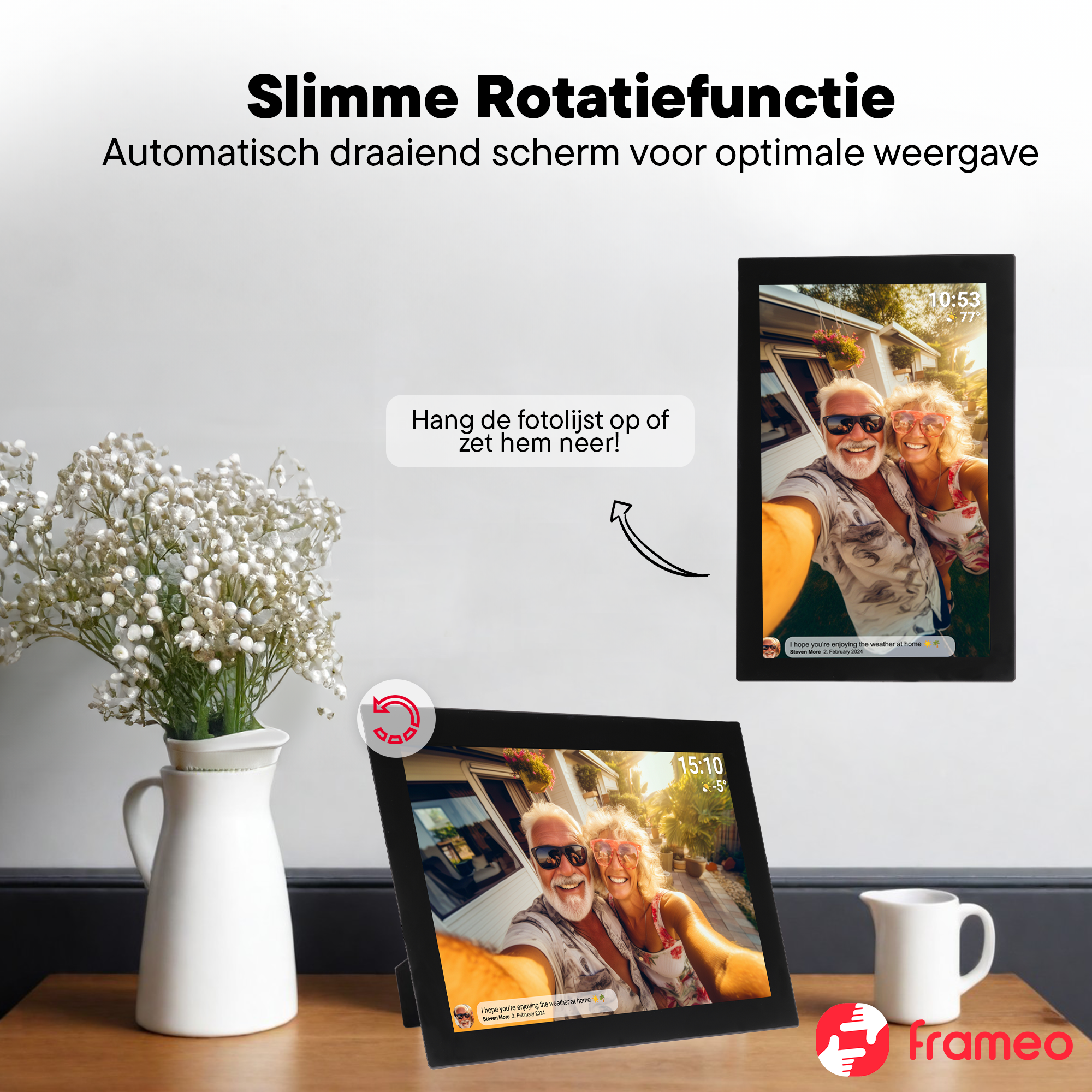Ein digitales Bilderrahmen mit einem Paar, das ein Selfie macht. Es zeigt die Uhrzeit und das Wetter.