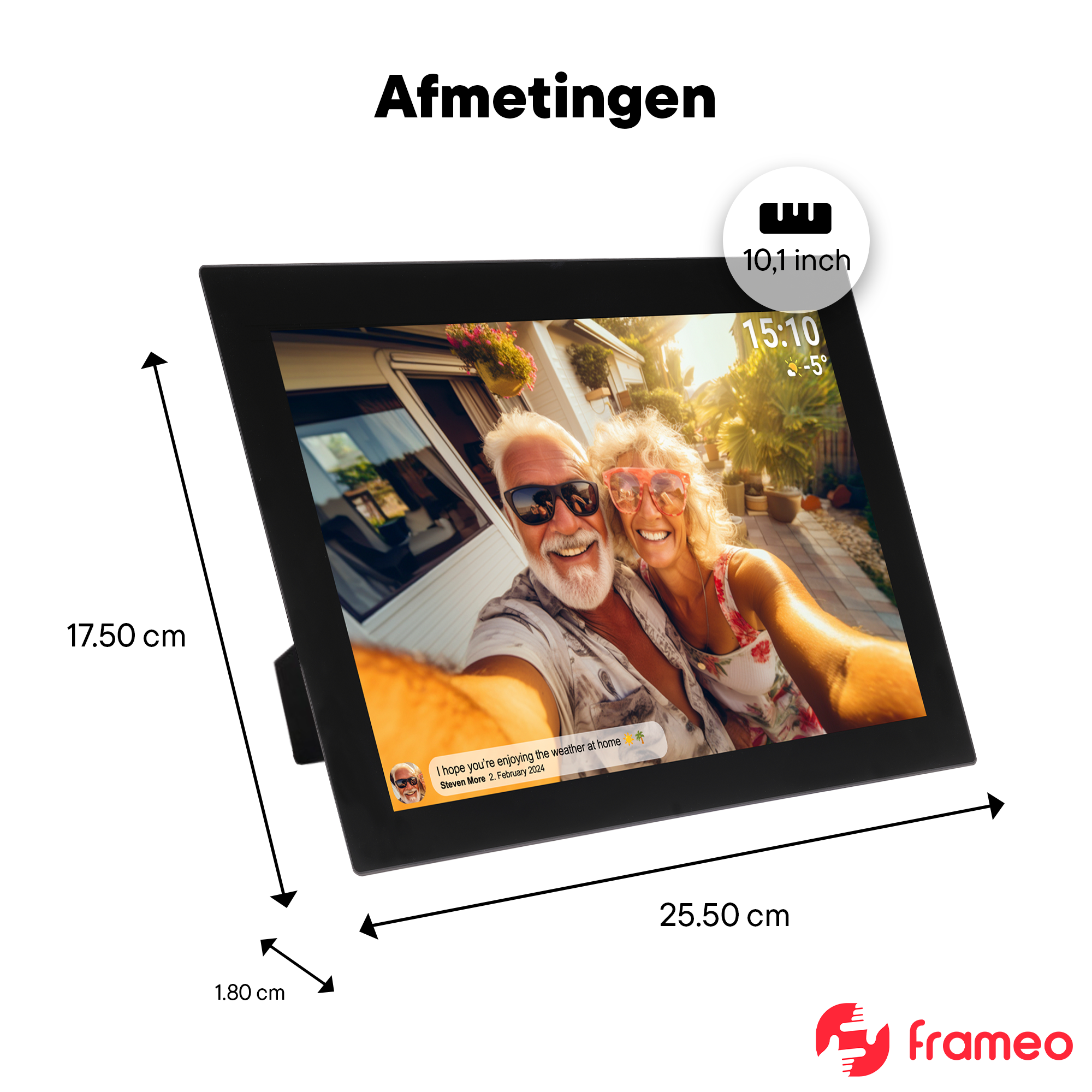 Ein digitaler Bilderrahmen mit 10,1 Zoll zeigt ein Selfie eines älteren Paares.