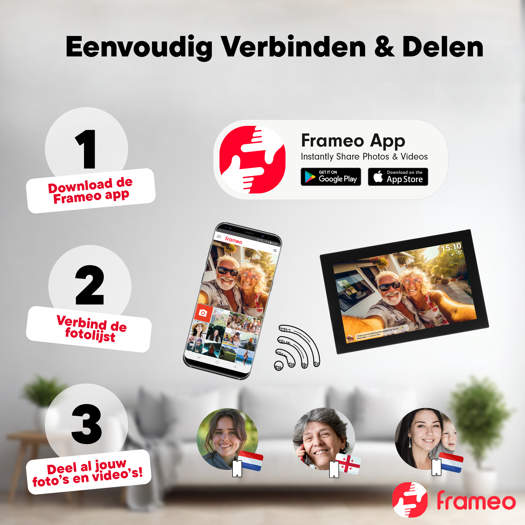 Anleitung zur Verbindung mit Frameo: App herunterladen, Fotorahmen verbinden, Fotos/Videos teilen.