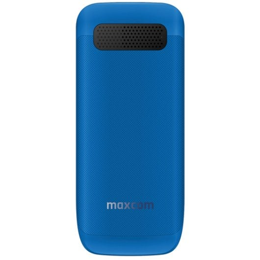 Vista posteriore di un telefono Maxcom blu con griglia dell'altoparlante in alto.
