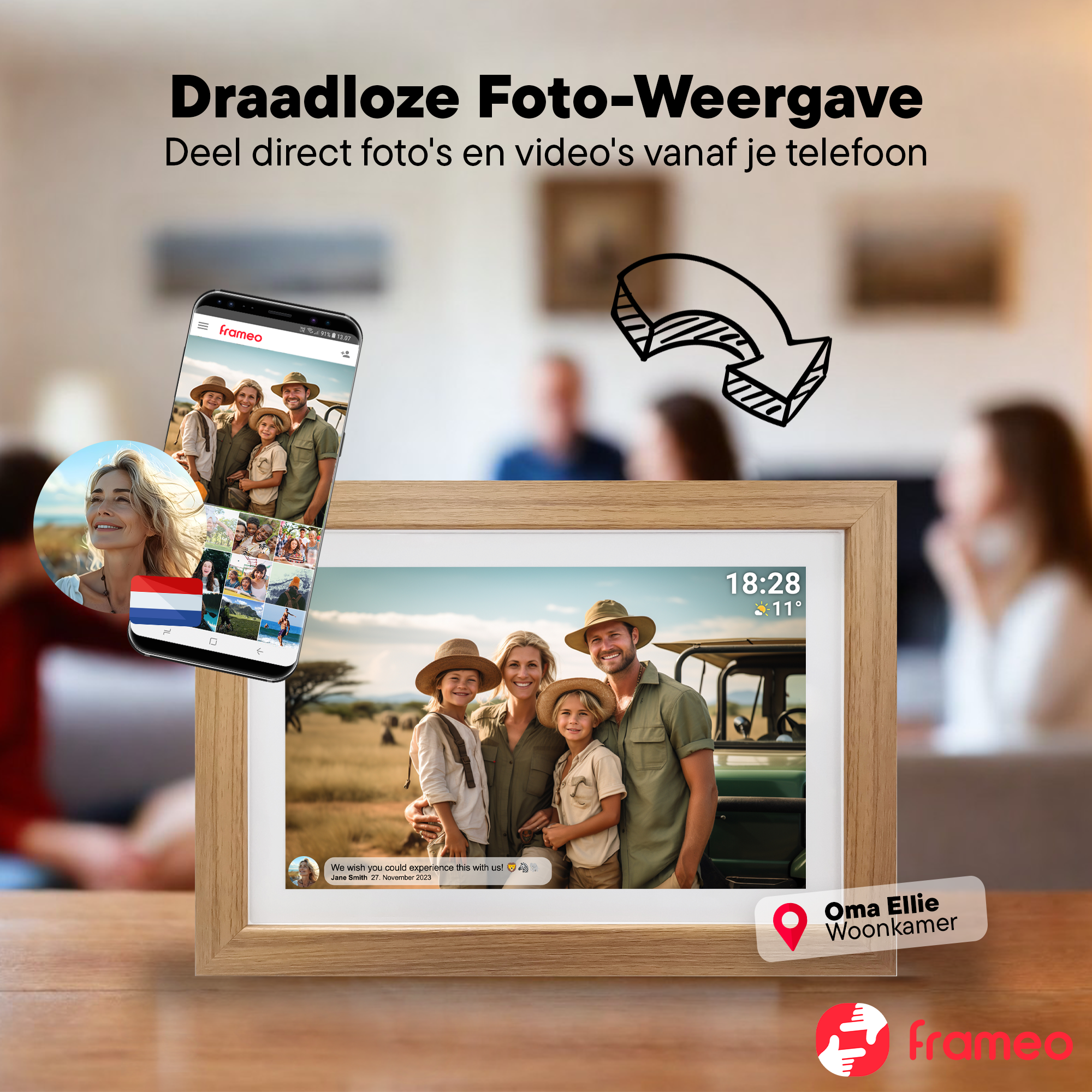 Un teléfono muestra fotos. Un marco digital muestra una familia.