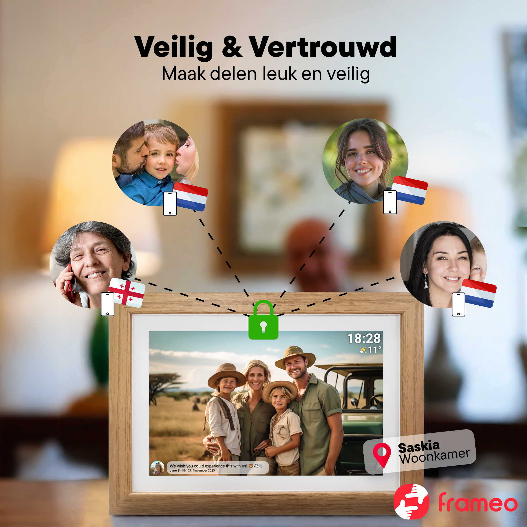 Familia con atuendo de safari en un marco digital, rodeada de fotos de perfil.