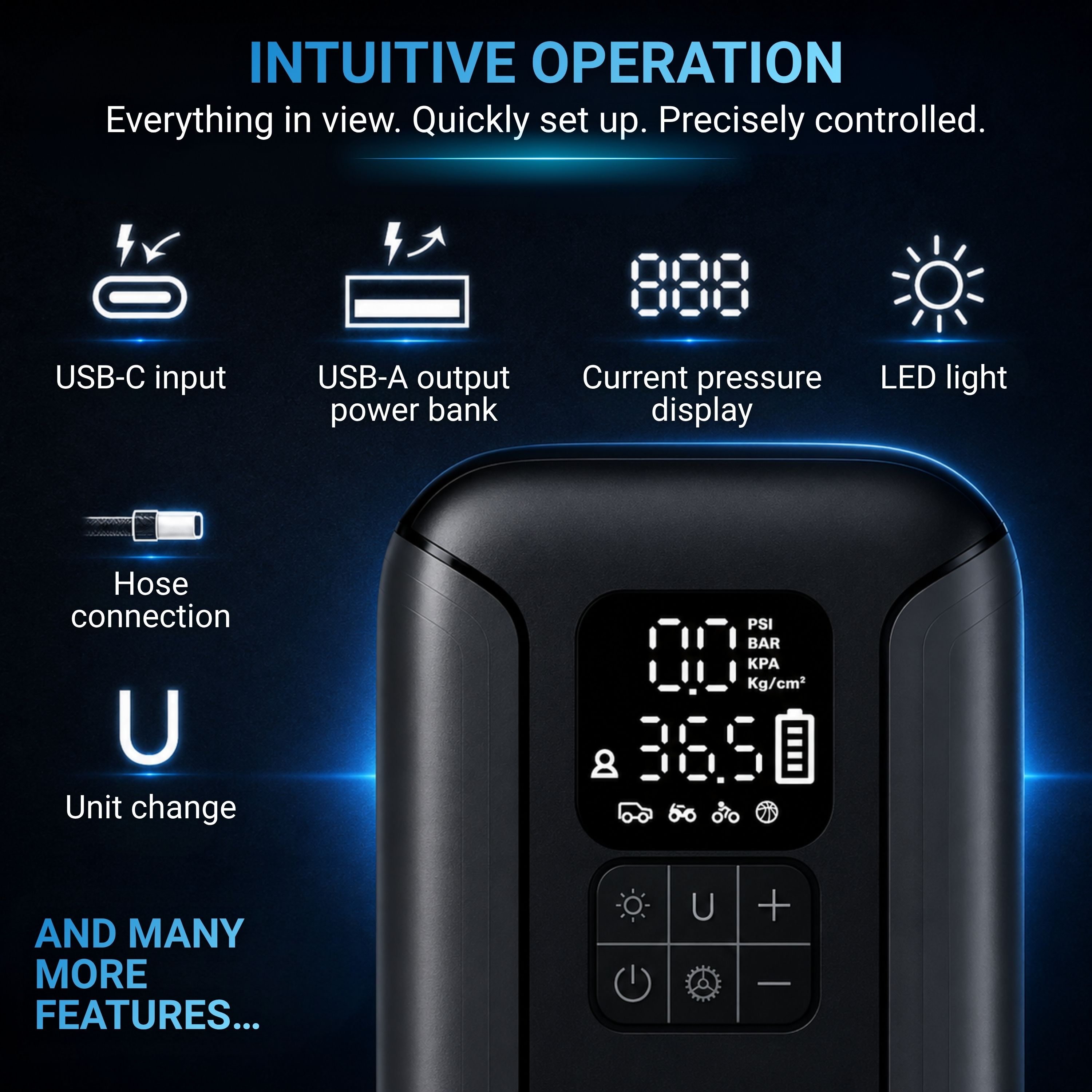 La pantalla digital muestra presión de neumáticos, batería e iconos para puertos USB, manguera y cambio de unidad.