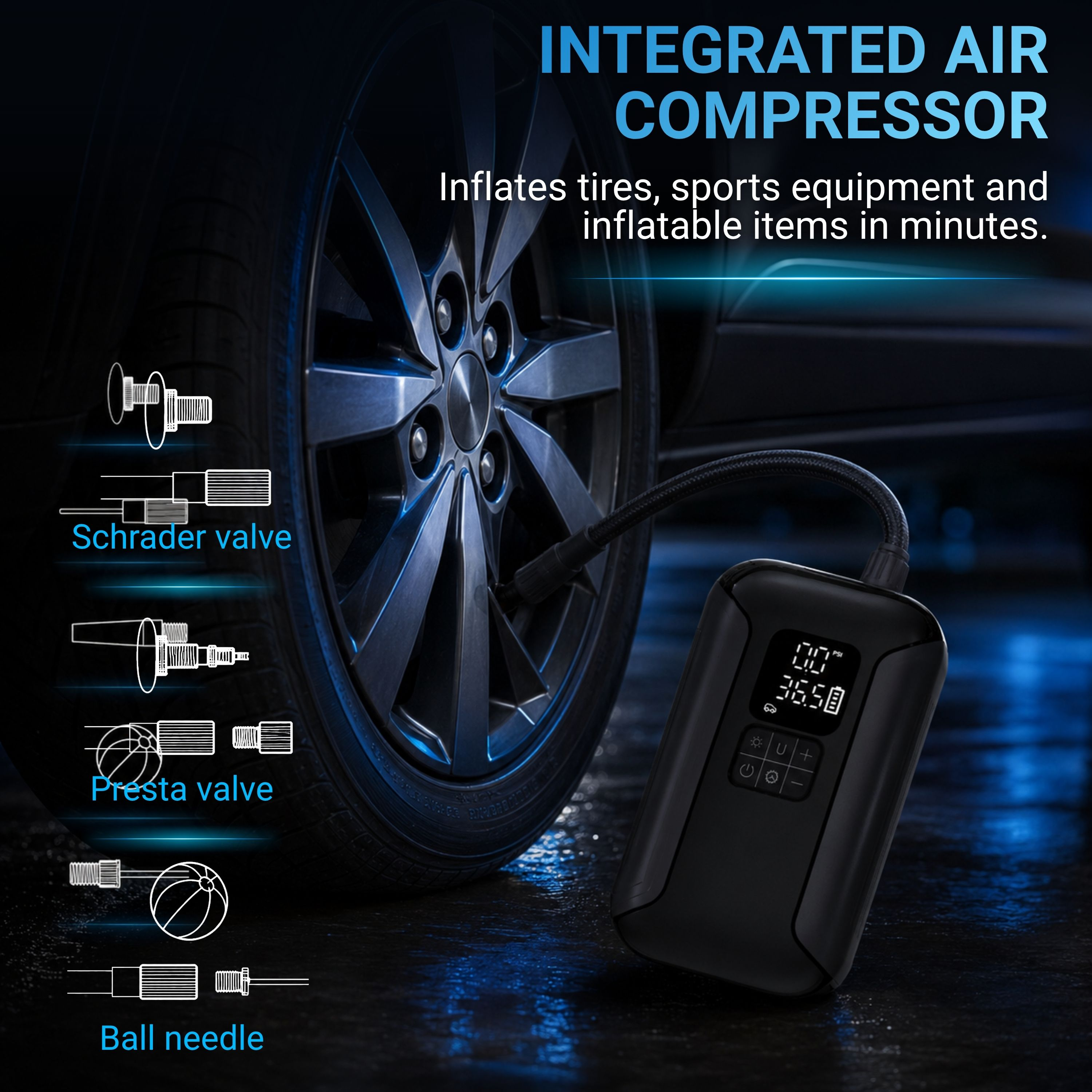 Un compresor portátil negro infla un neumático de coche, con accesorios.