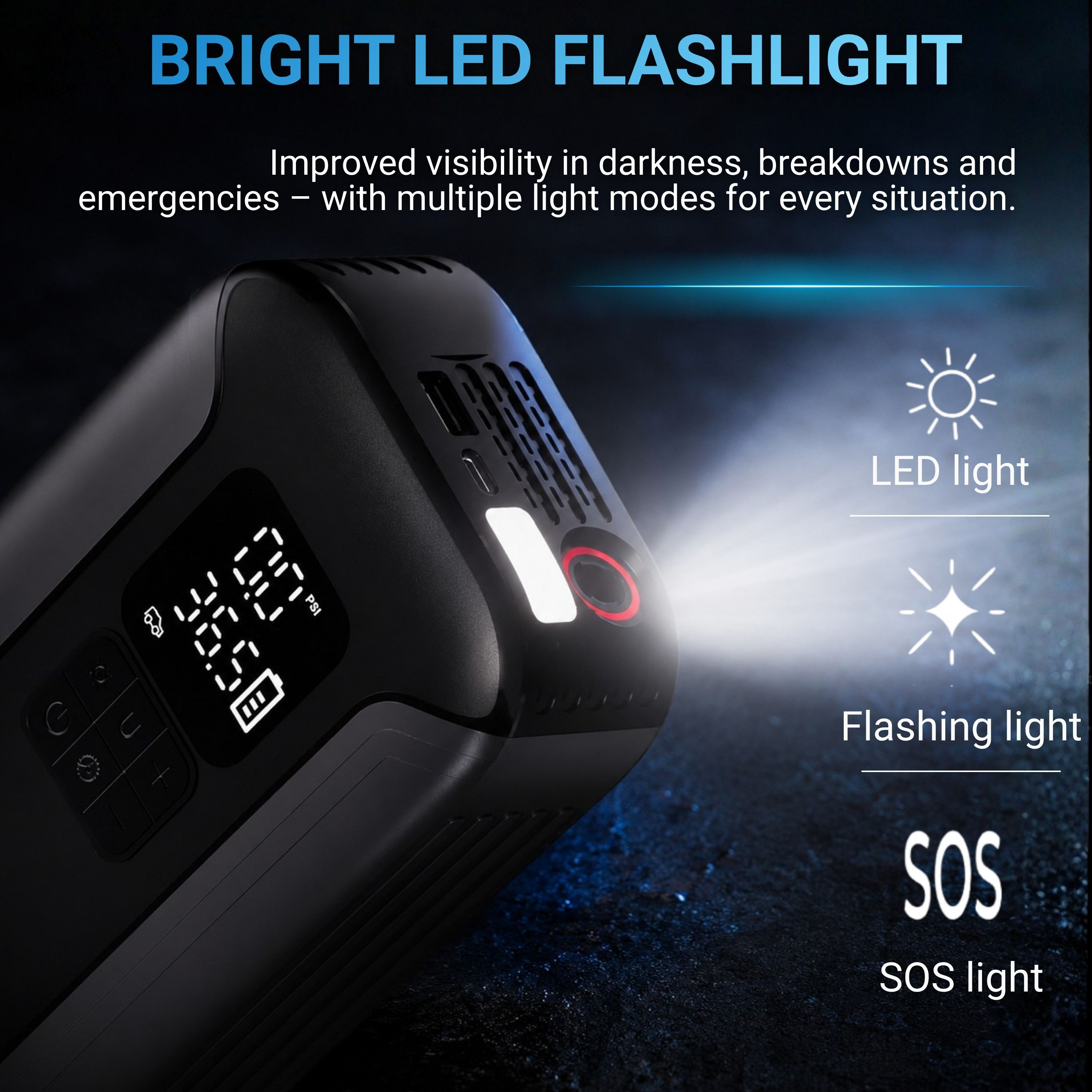 Linterna LED multifunción negra con pantalla y botones.