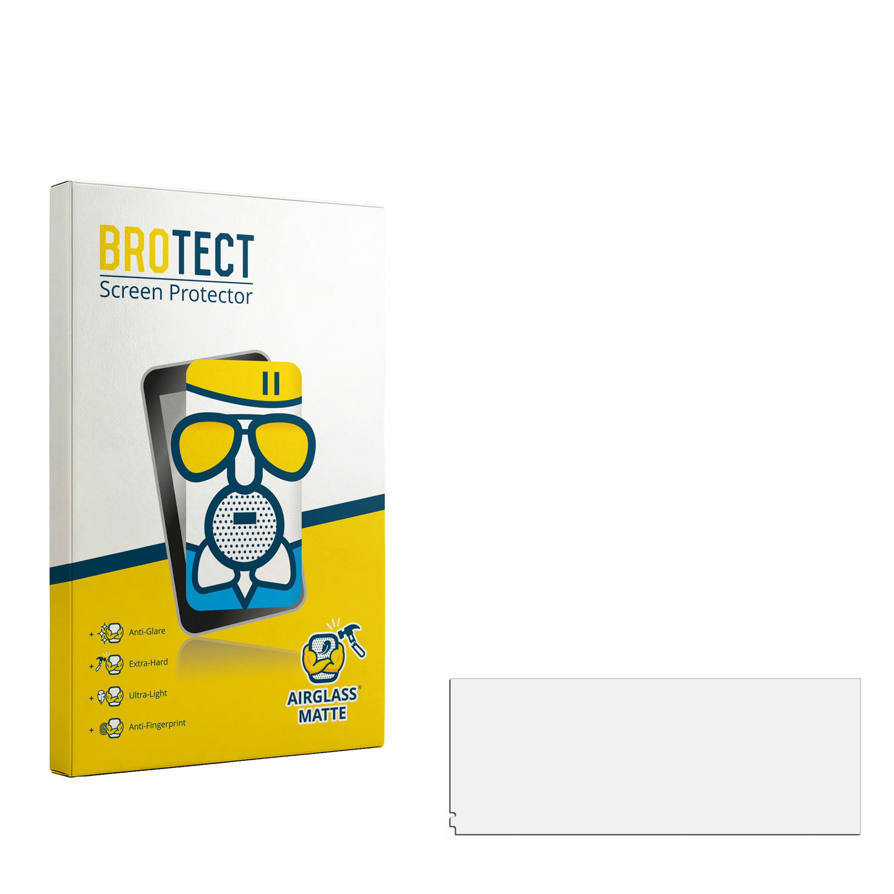 Verpackung für BROTECT Displayschutzfolie, mit Icons für Anti-Glare, Extra-Hard, Ultra-Light.