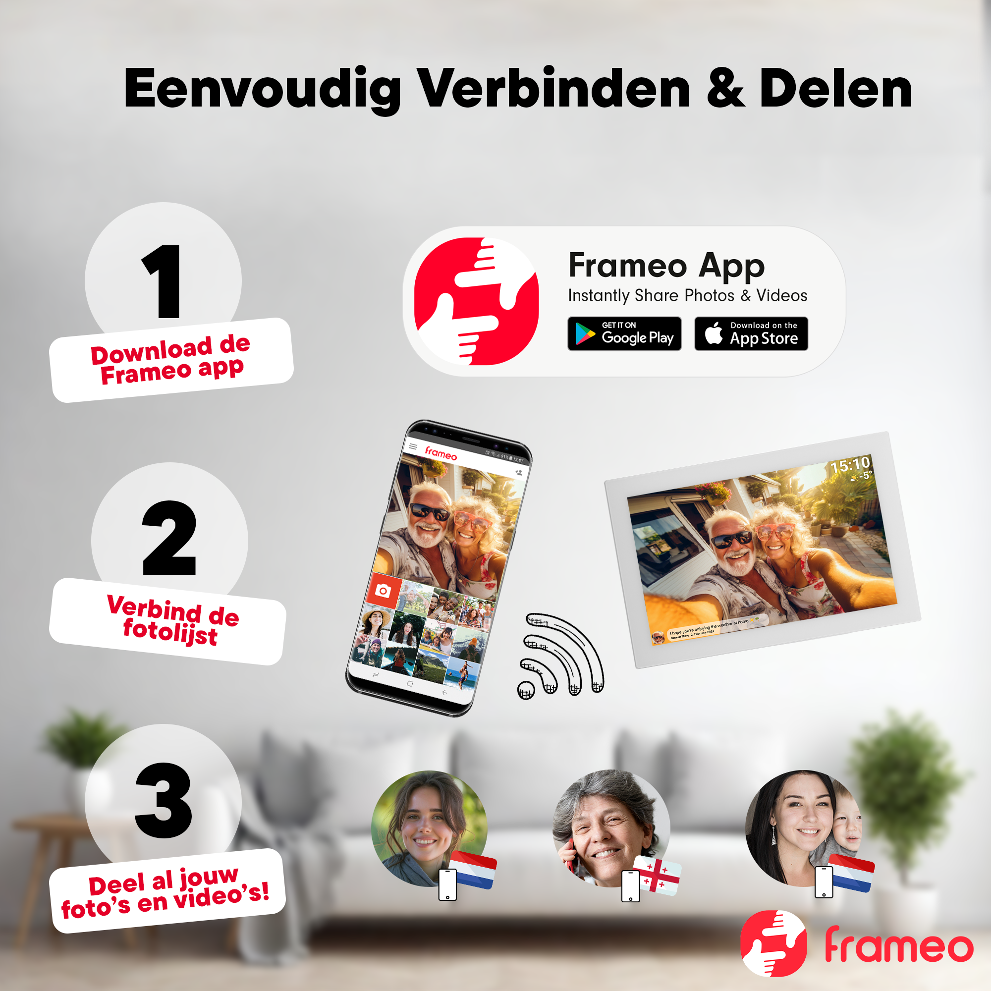 Anleitung: App herunterladen, Bilderrahmen verbinden, Fotos/Videos teilen. Mit App- und Geräteansichten.